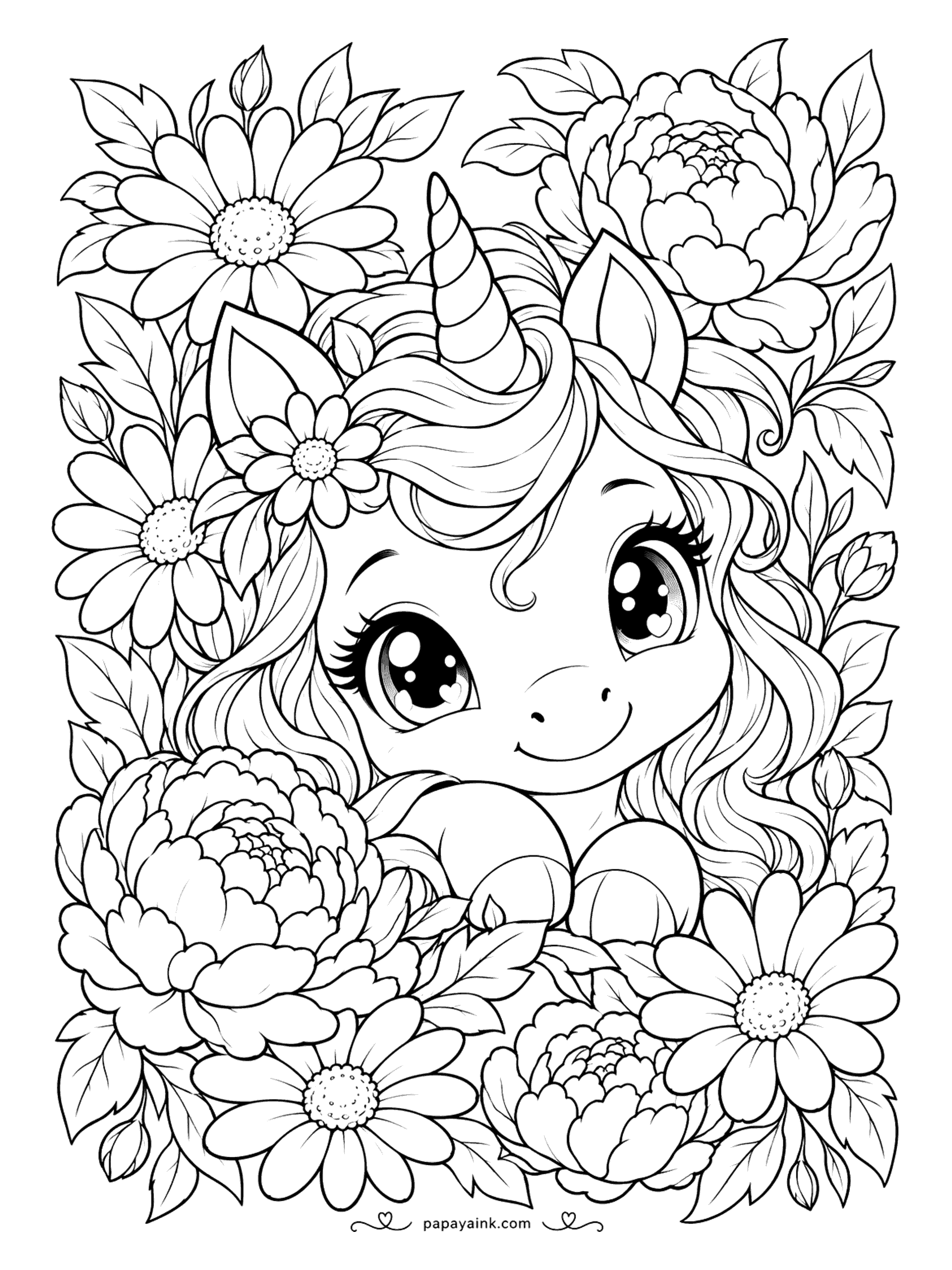 Kawaii Unicorn Coloring Pages - Kawaii unicorn portrait framed by lush peonies, daisies and leaves - layered petals and a flowing mane for patient, relaxing shading. Detailed.