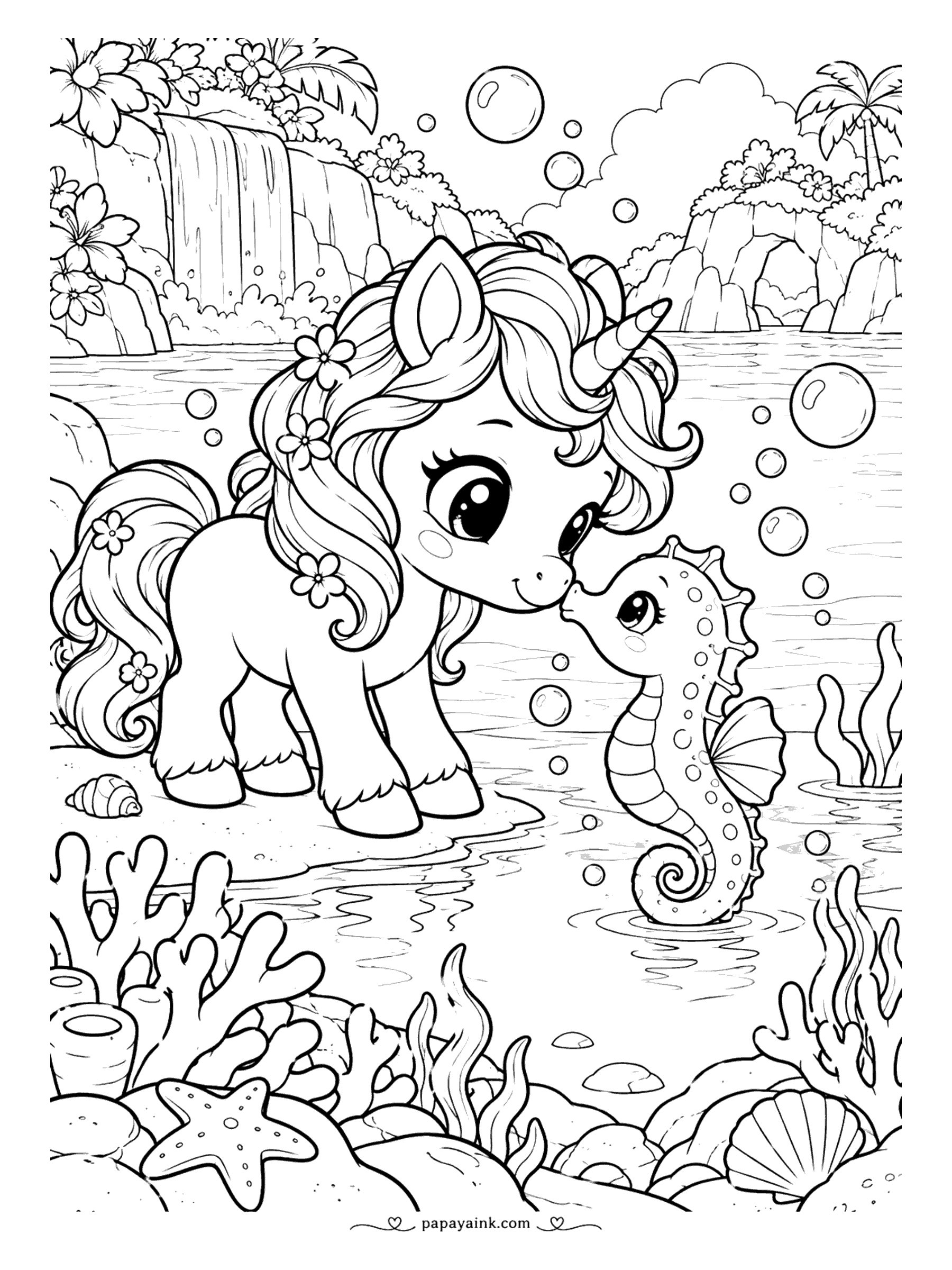Kawaii Unicorn Coloring Pages - Sweet unicorn touching noses with a tiny seahorse in a tropical lagoon with a waterfall, coral, shells and drifting bubbles. Detailed.