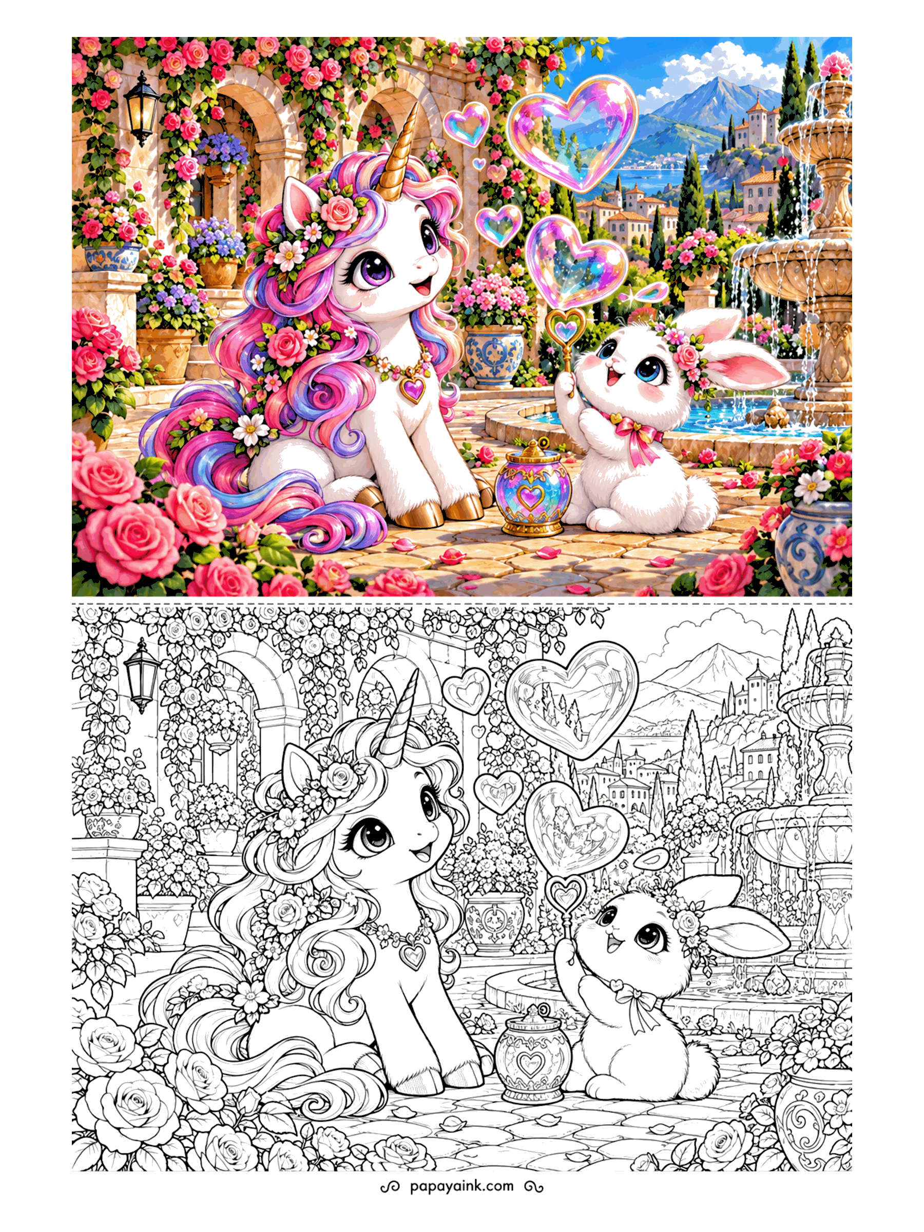 Cute Kawaii Coloring Pages - Iridescent heart bubbles drift from a wand as a bunny and a garlanded unicorn play in a Mediterranean courtyard beside a splashing fountain. Detailed.