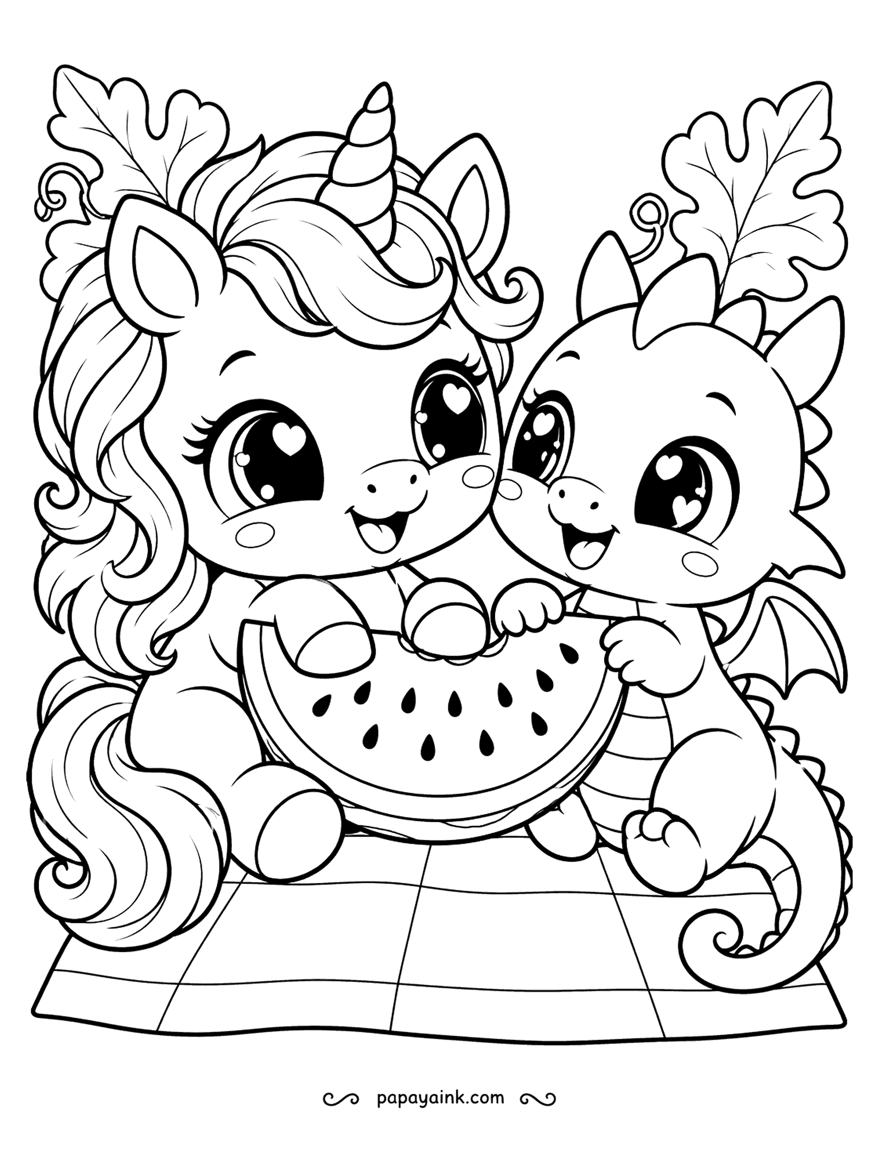 Kawaii Unicorn Coloring Pages - Picnic time: a unicorn and a baby dragon split one giant watermelon slice on a checkered blanket. Dragon gets the bigger half, as dragons do. Pink flesh, dark seeds and a green rind are set; the blanket squares are yours to pattern.
