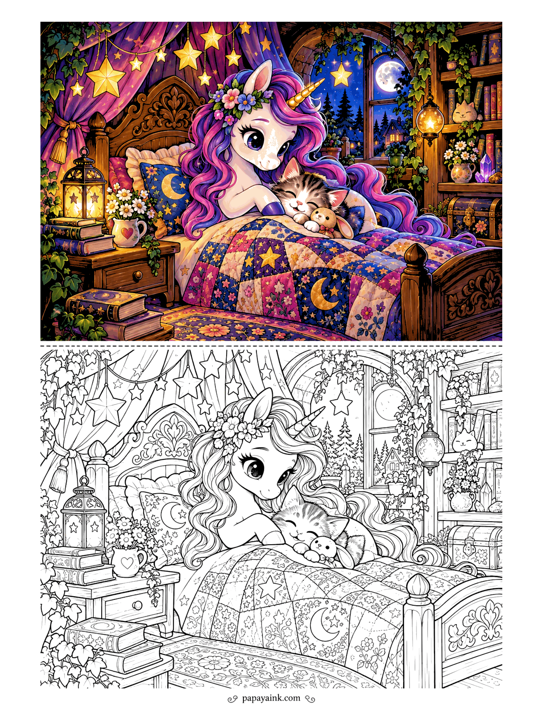 Cute Kawaii Coloring Pages - Moonlight spills through a round window onto a patchwork quilt, where a unicorn crowned with posies cuddles a dozing kitten among books, lanterns and ivy. Detailed.