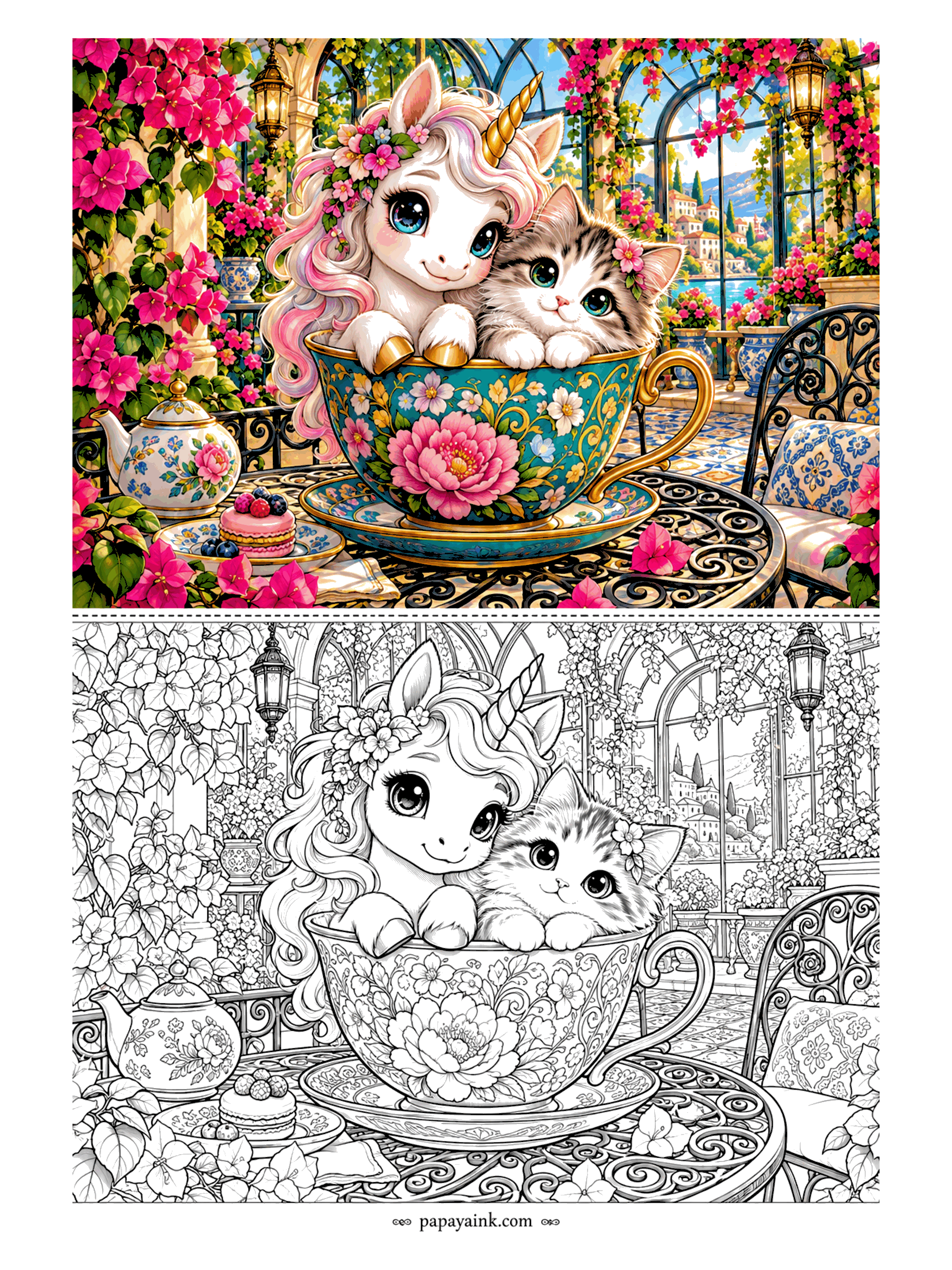 Cute Kawaii Coloring Pages - Teatime turns magical as a unicorn and a kitten squeeze into a painted teacup in a bougainvillea conservatory set with a teapot, pastries and wrought-iron chairs. Detailed.