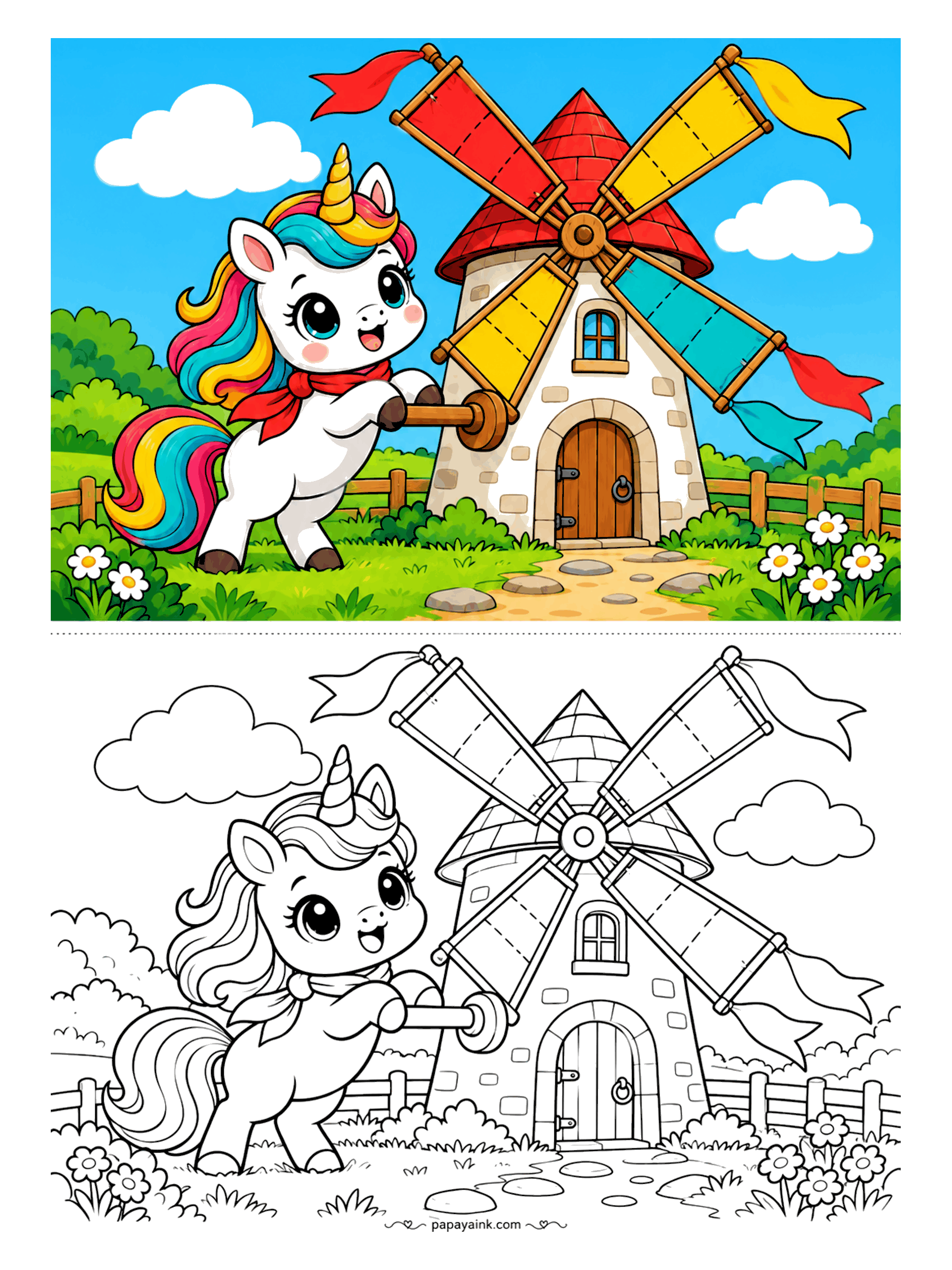Kawaii Unicorn Coloring Pages - Countryside unicorn in a red neckerchief pushing the wooden handle of a stone windmill with ribbon-tipped sails, a wooden fence and daisies.