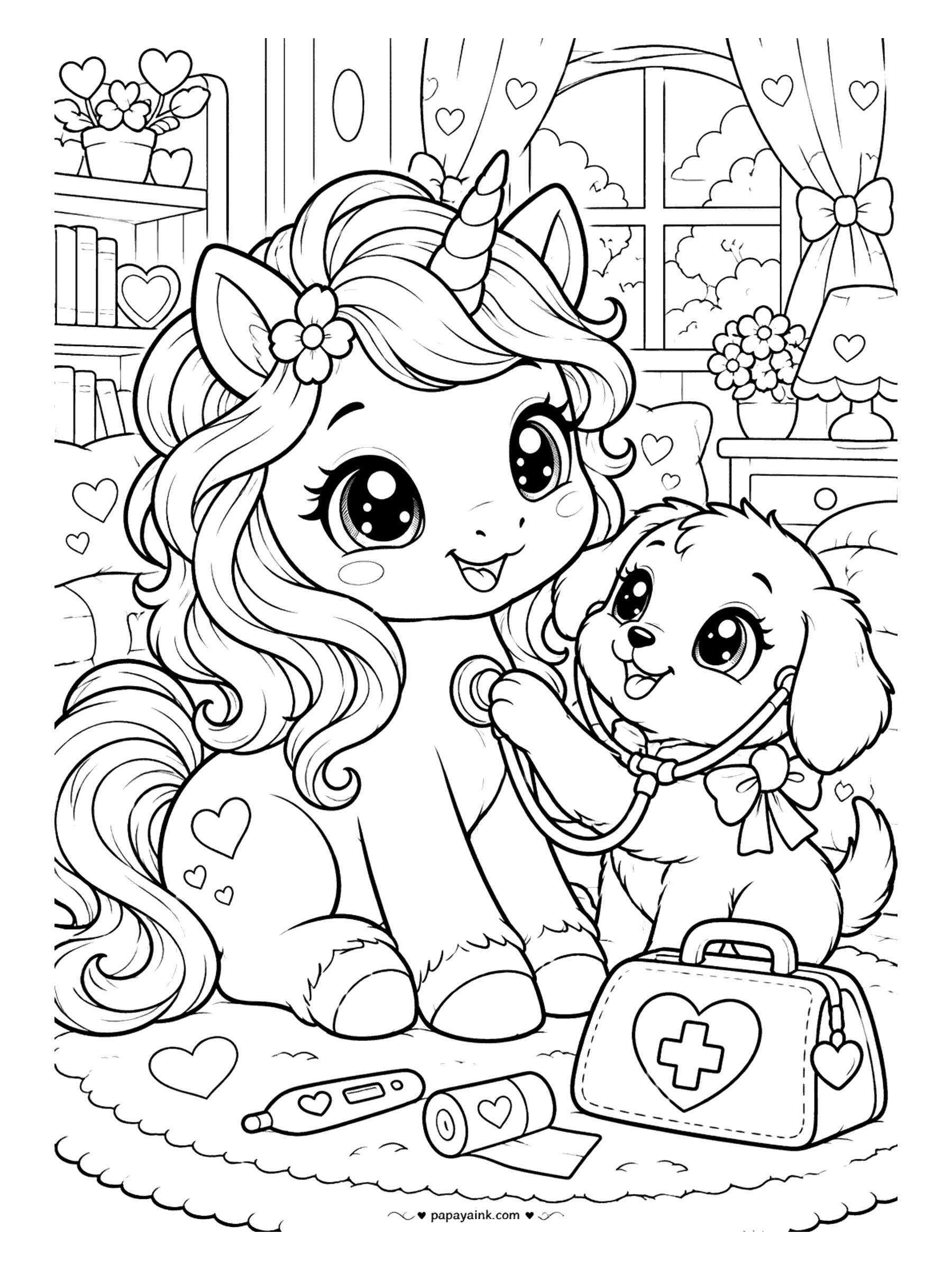 Kawaii Unicorn Coloring Pages - Patient unicorn getting a checkup from a puppy doctor with a stethoscope, a heart-cross medical bag and a toy thermometer on the rug.