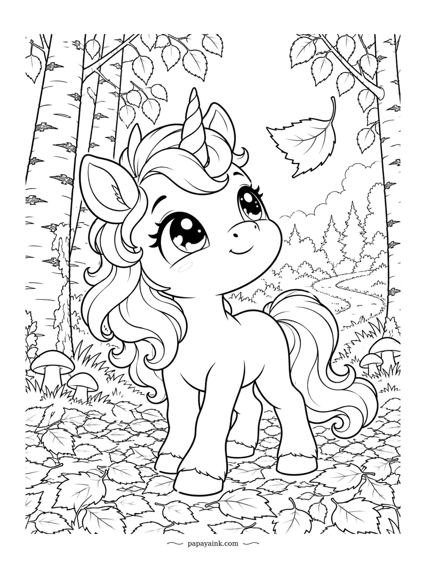 Kawaii Unicorn Coloring Pages - One birch leaf spins through the forest air, and the foal stops on the leafy trail to watch it land. White trunks with dark bark marks make the woods easy to read. Detailed - a carpet of leaves fills the whole foreground.