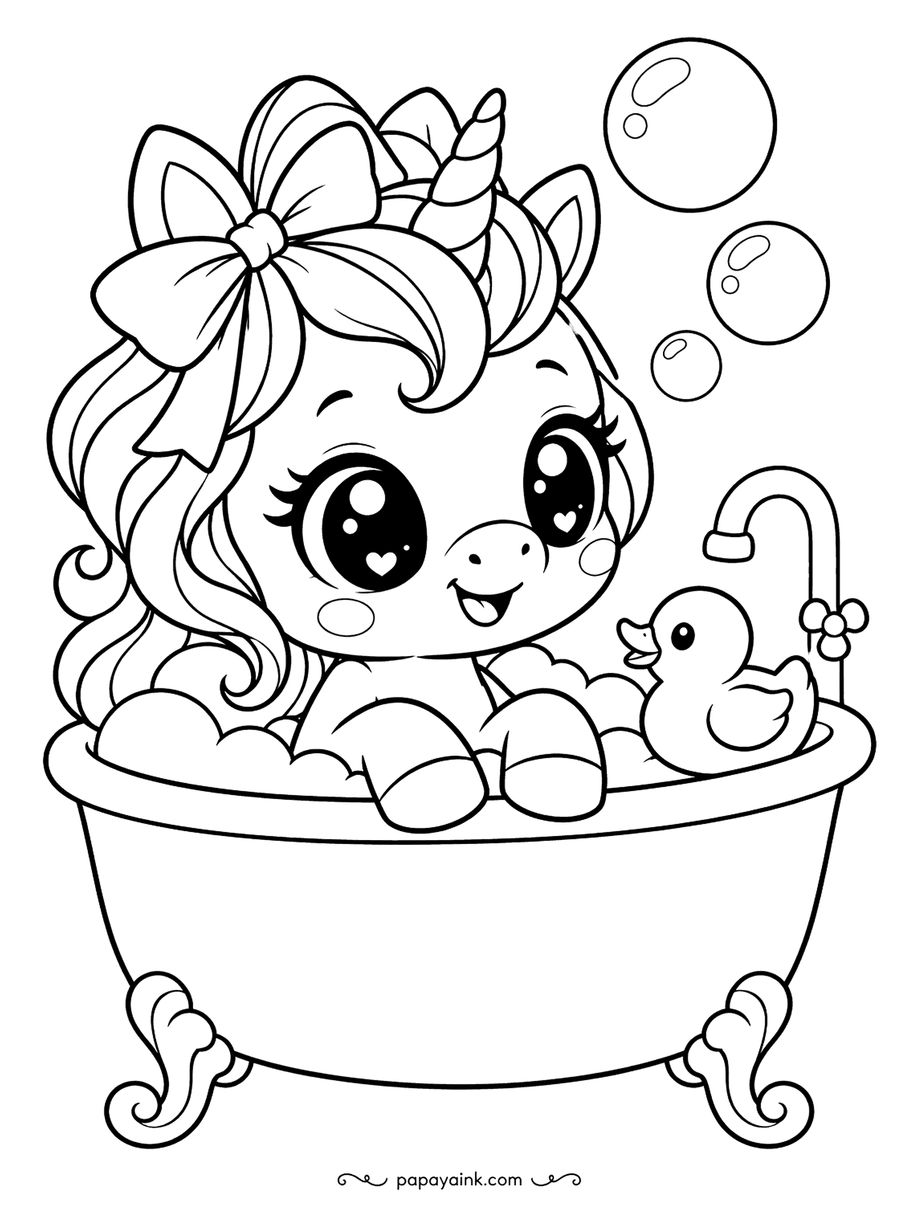 Kawaii Unicorn Coloring Pages - Bath night: a unicorn soaks in a claw-foot tub with a rubber duck and three big bubbles. Yellow duck, white foam, and a pastel tub are the classic combo. The tub's curly feet deserve a metallic gold if you have one.