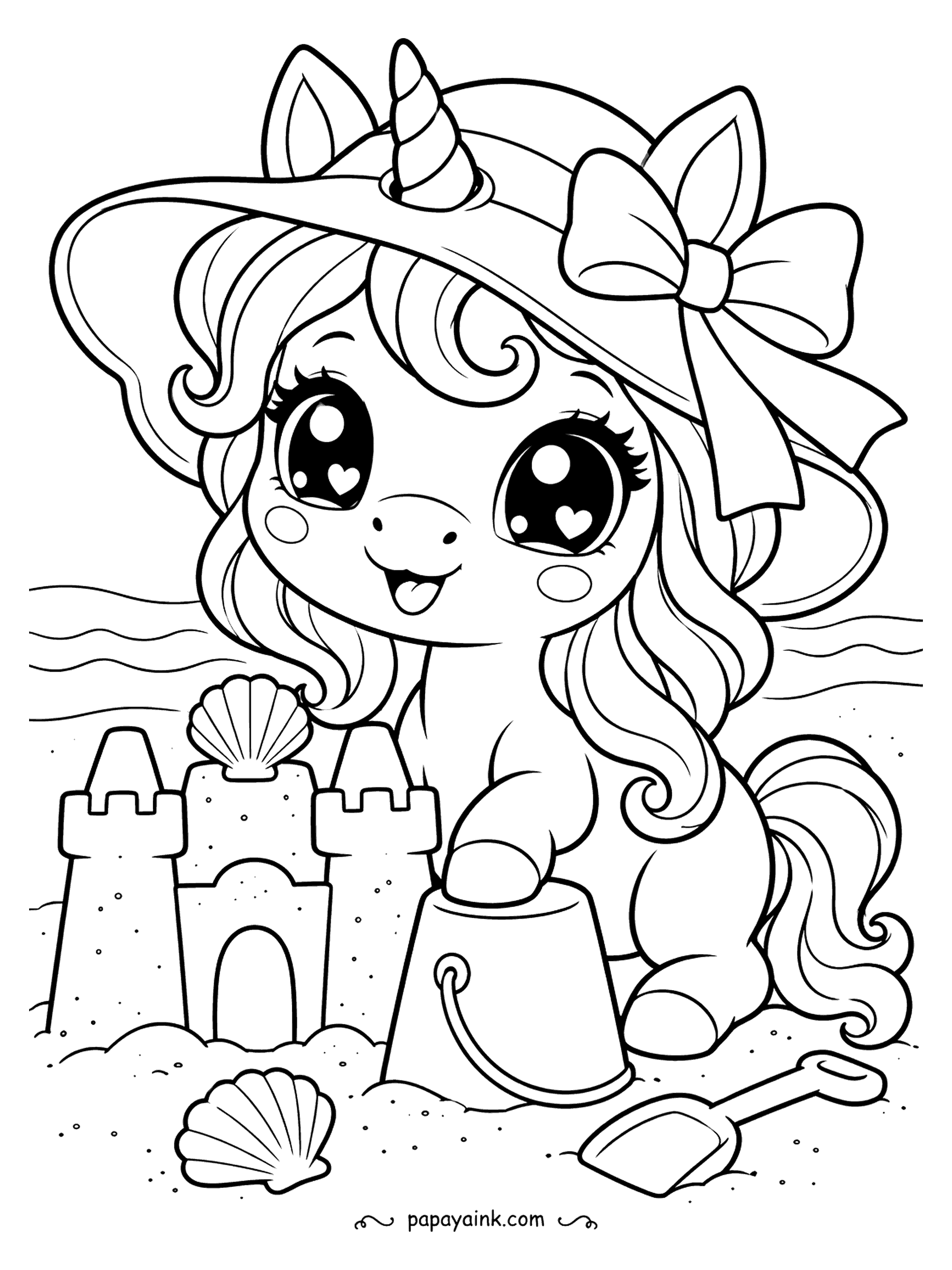 Kawaii Unicorn Coloring Pages - Beach day under a wide sun hat: a unicorn sits beside her finished sandcastle, bucket and shovel still handy. Warm sand yellows, a pale blue sea, and a straw-colored hat make it sunny. Shells along the bottom take any pastel. Detailed.