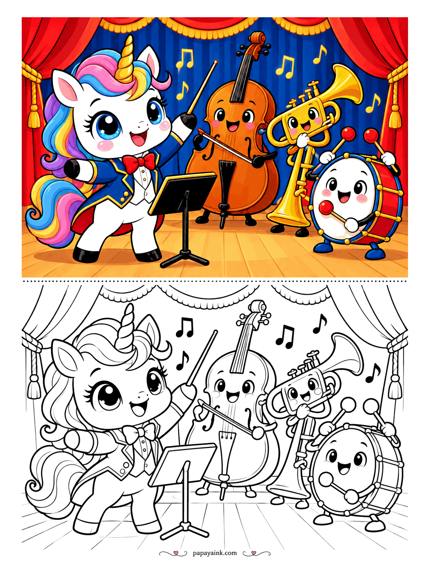 Kawaii Unicorn Coloring Pages - Maestro unicorn in a tailcoat and bow tie conducting a band of smiling instruments - a cello, a big brass horn and a bass drum - on a theater stage.