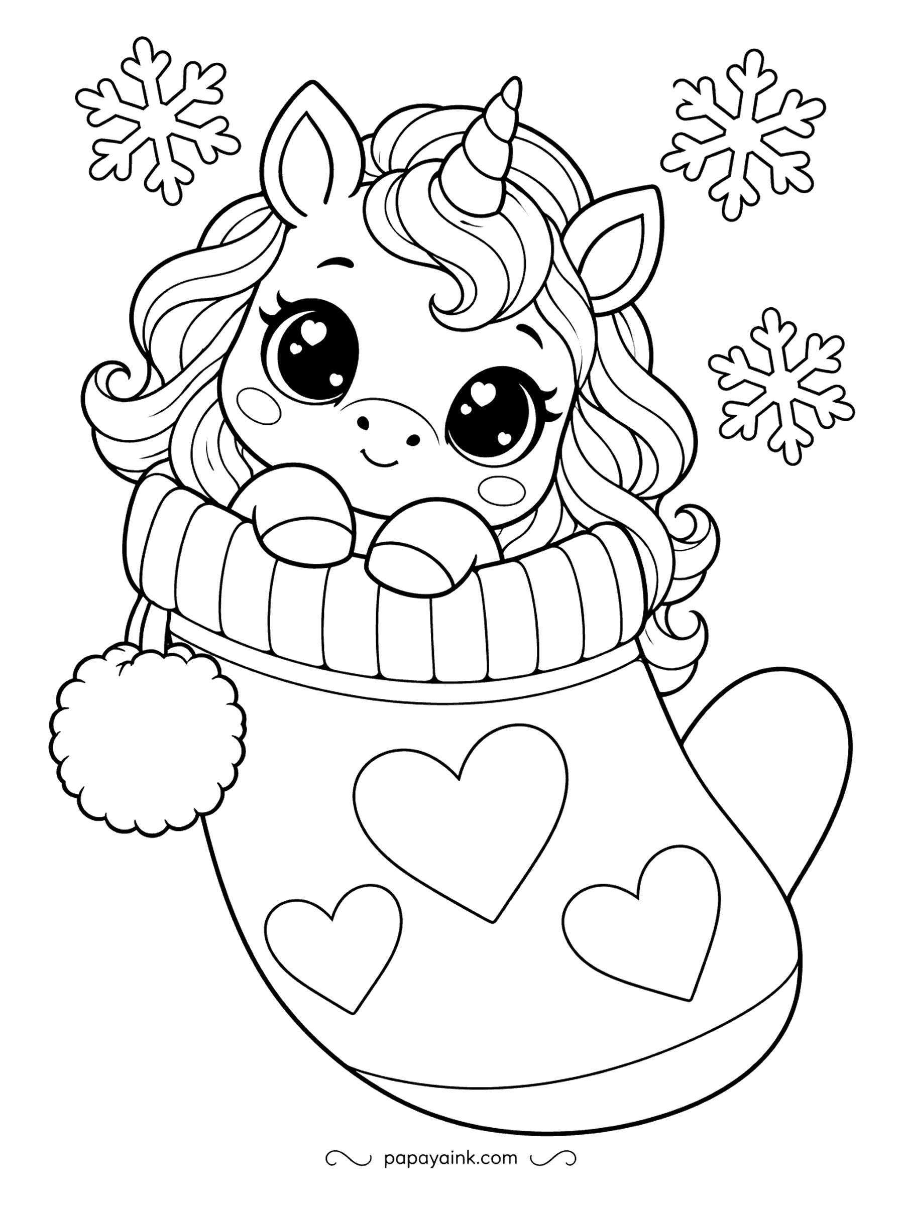 Kawaii Unicorn Coloring Pages - Snug as a kitten, a unicorn peeks out of a knitted mitten with a pom-pom cuff, snowflakes falling around. The hearts on the mitten want a warm red; the ribbed cuff looks cozy in cream. Snowflakes stay white.