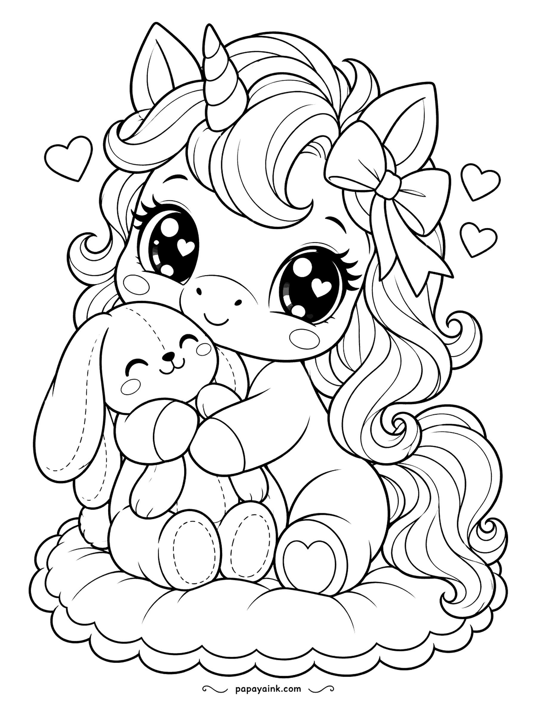 Kawaii Unicorn Coloring Pages - A kawaii unicorn hugs a floppy bunny plush on a scalloped cushion, hearts drifting past her bow. The plush has stitched seams and button paws, so a soft tan or grey makes it look loved. Her mane is the big open area for rainbow stripes.