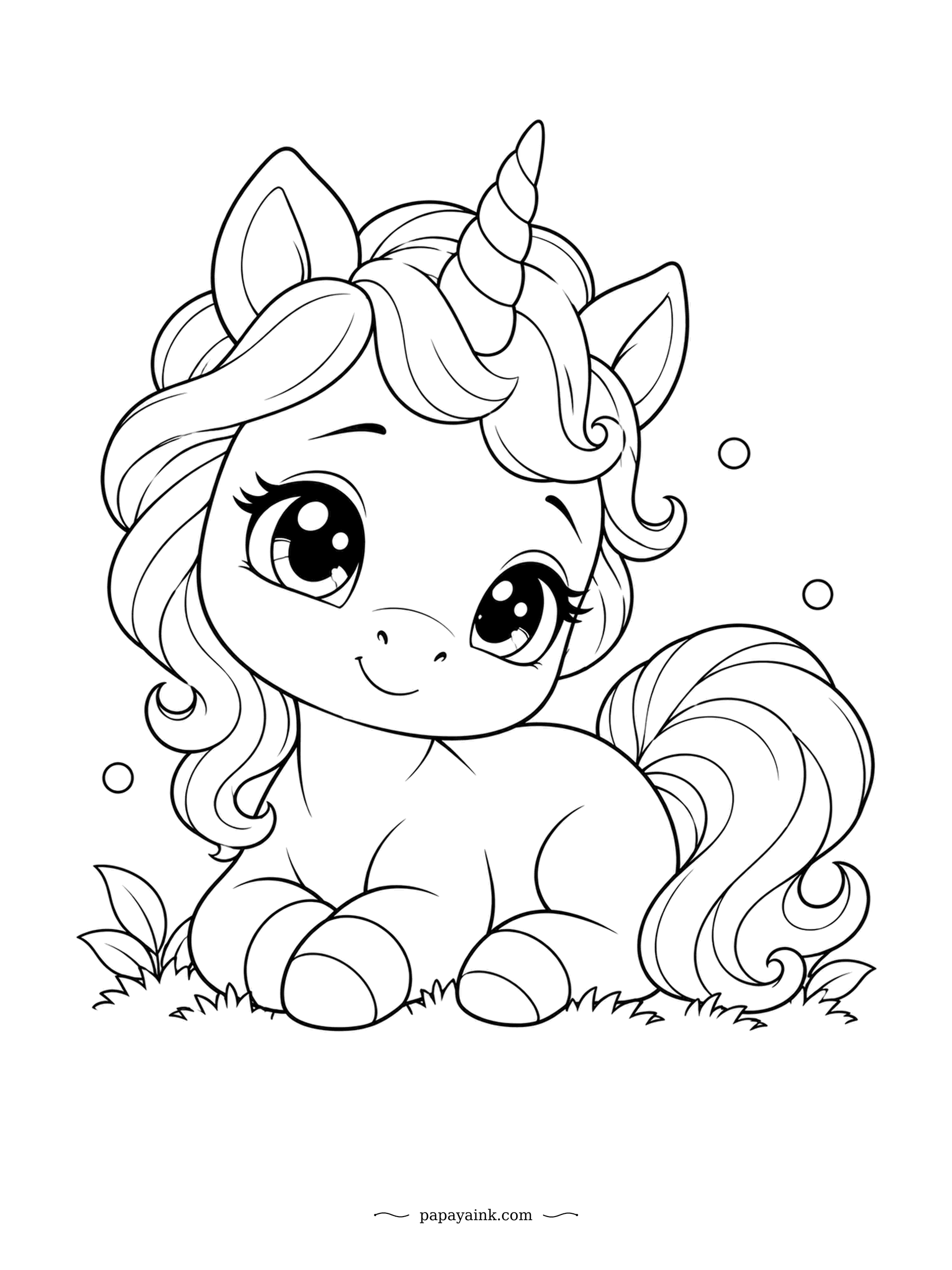 Kawaii Unicorn Coloring Pages - Tucked up on the grass with its tail curled close, the foal looks ready for a nap. A few bubbles float nearby, and that is the whole scene. Thick lines and big spaces - one of the easiest pages here.