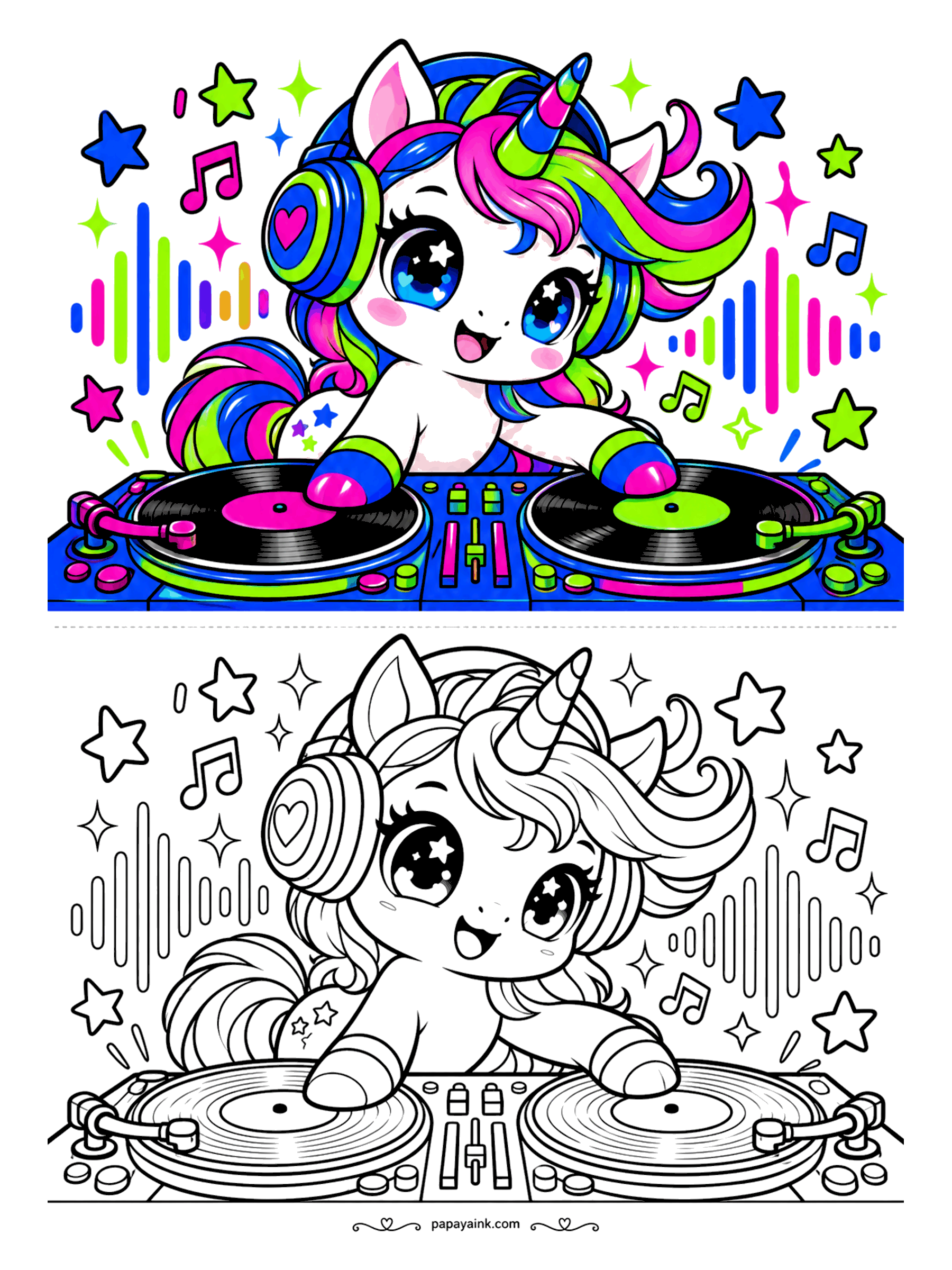 Kawaii Unicorn Coloring Pages - DJ unicorn in heart headphones spinning records on twin turntables, surrounded by music notes, stars and pulsing sound bars - the neon sample calls for your brightest markers.