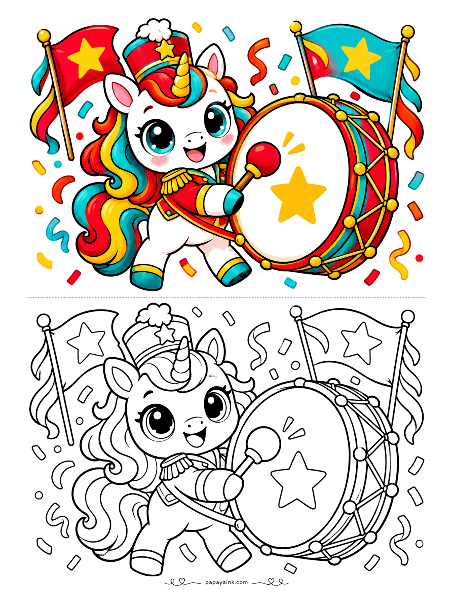 Kawaii Unicorn Coloring Pages - Parade drummer unicorn in a marching band hat and jacket beating a big star-painted drum between waving flags and flying confetti.