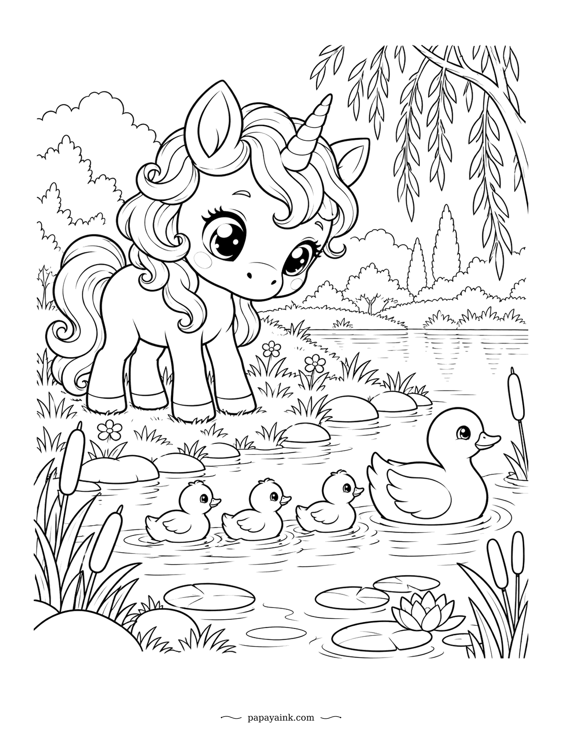 Kawaii Unicorn Coloring Pages - A mother duck leads three ducklings past the lily pads, and the unicorn on the bank watches the parade go by. Cattails and a weeping willow frame the water. Soft yellow ducklings against blue ripples.