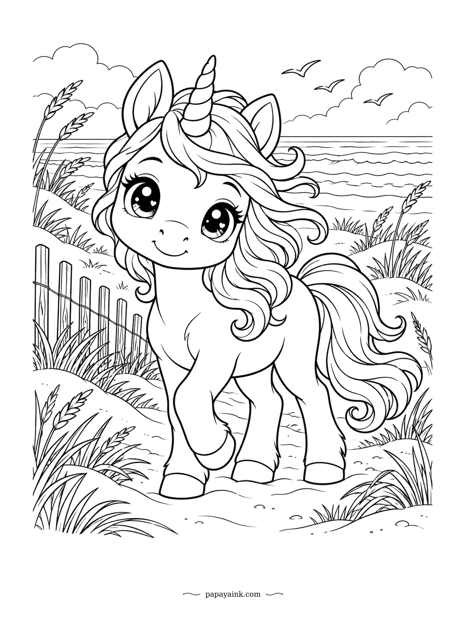 Kawaii Unicorn Coloring Pages - Sea wind lifts the mane as the unicorn trots along a path through the dunes. Gulls circle overhead and a weathered fence runs through the grass. Sandy beige, sea blue and curls in any colors you like.