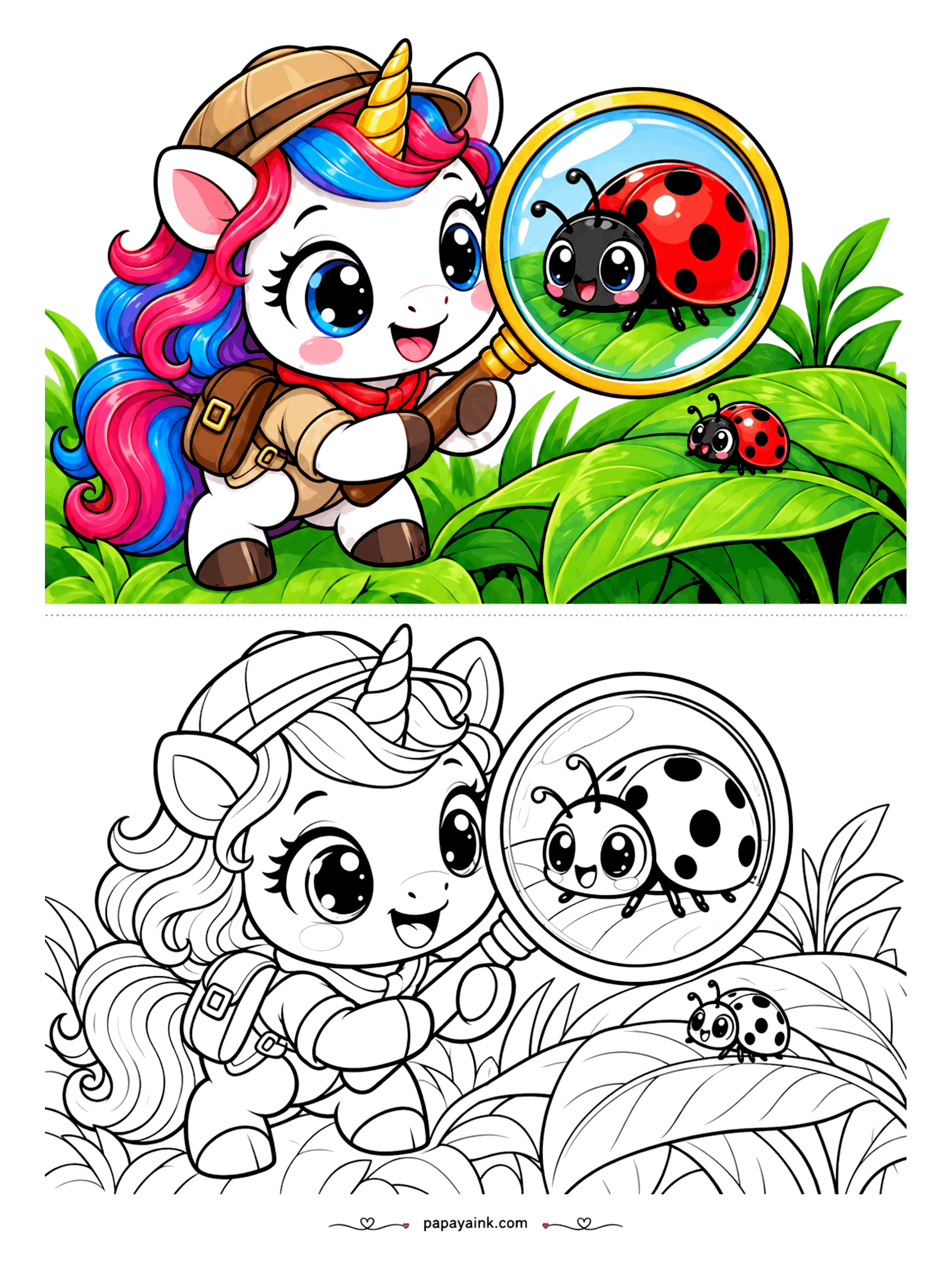 Kawaii Unicorn Coloring Pages - Explorer unicorn in a safari hat and neckerchief studying a smiling ladybug through a magnifying glass, while a second ladybug rests on a leaf.