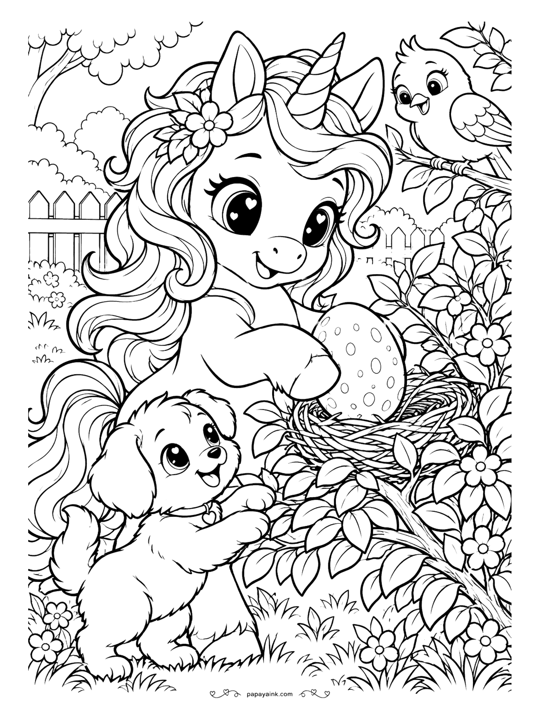 Kawaii Unicorn Coloring Pages - Curious unicorn with heart-shaped eye sparkles discovering a speckled egg in a nest among flowering bushes, a puppy and a little bird watching nearby. Detailed.