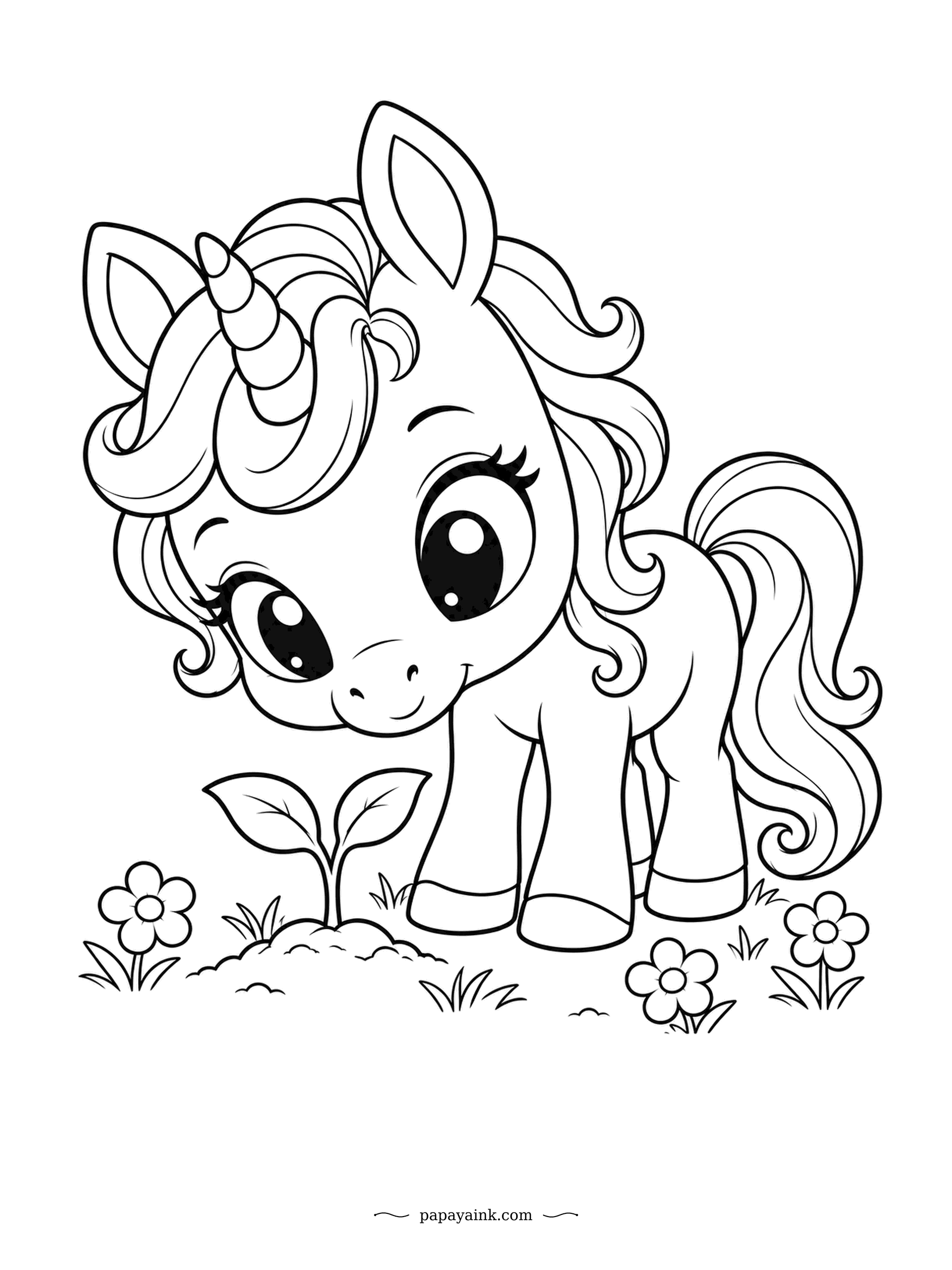 Kawaii Unicorn Coloring Pages - A seedling has just pushed up its first two leaves, and the curious foal bends down to greet it. Three small flowers keep it company. Simple outlines with lots of white space - perfect for younger colorers.