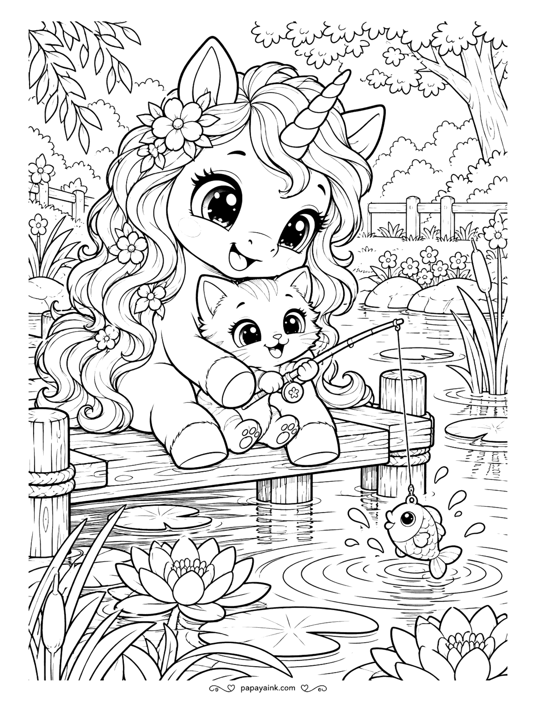 Kawaii Unicorn Coloring Pages - Unicorn cuddling a tabby kitten on a wooden dock while the kitten reels in a tiny smiling fish from a pond of water lilies and cattails. Detailed.