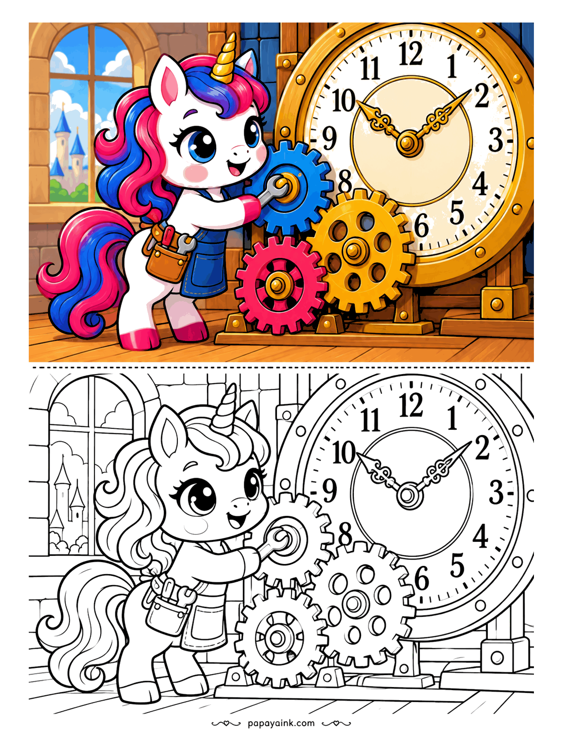 Kawaii Unicorn Coloring Pages - Clockmaker unicorn in overalls and a tool belt turning a wrench on the gears of a giant clock, with castle towers outside the window. Detailed.