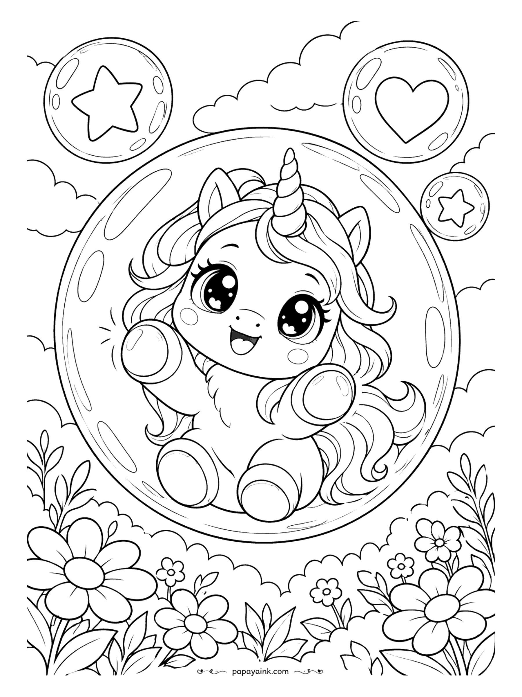 Kawaii Unicorn Coloring Pages - Giggling unicorn floating inside a shimmering bubble above a flower meadow, with smaller star and heart bubbles drifting close by - a touch of iridescent blue and pink on the bubble edge makes it shine.
