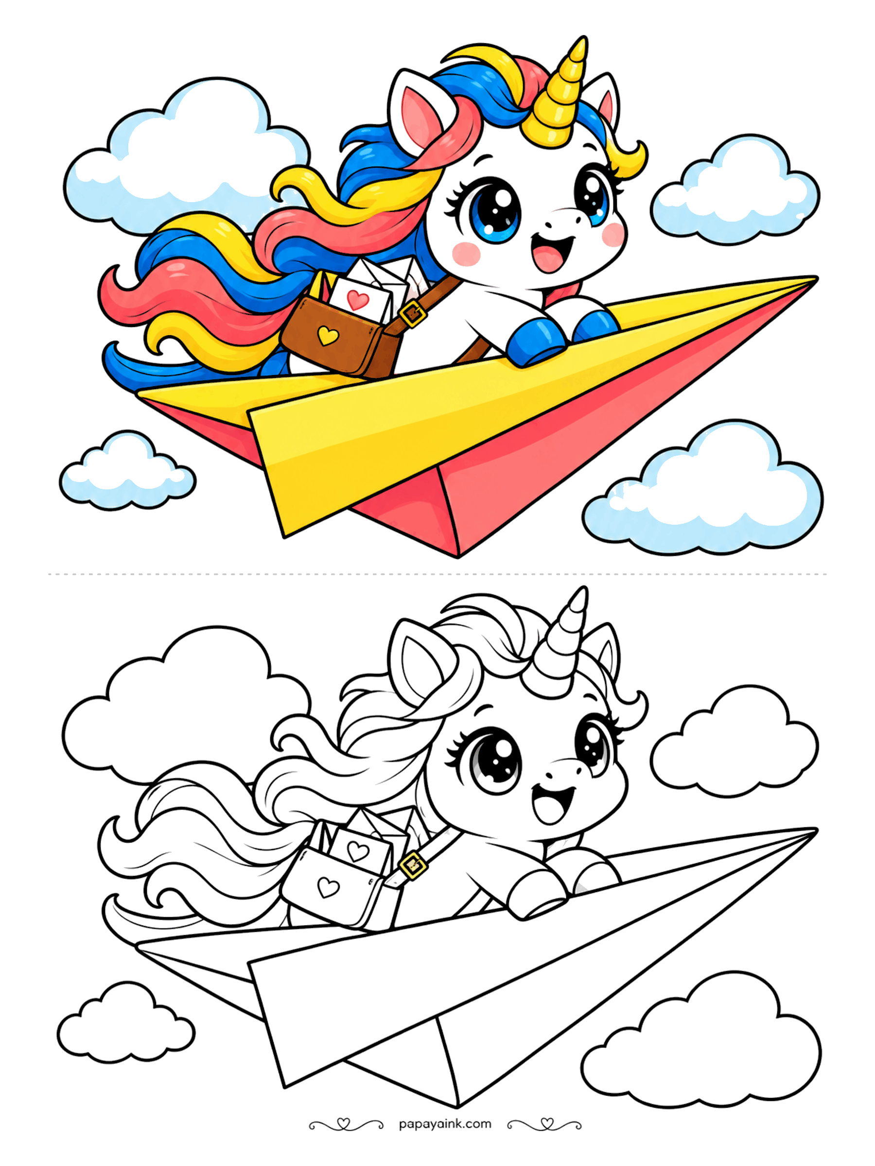 Kawaii Unicorn Coloring Pages - Mail-carrier unicorn soaring through the clouds on a giant paper plane, heart letters peeking out of her satchel and her mane streaming in the wind.