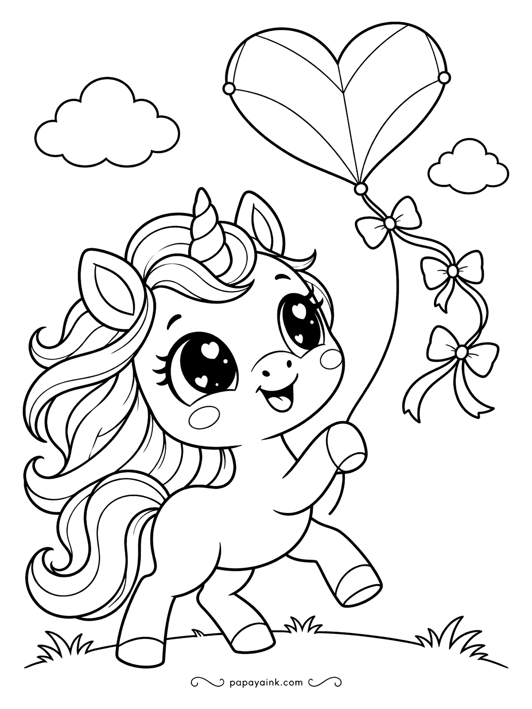 Kawaii Unicorn Coloring Pages - Up on her hind legs, a unicorn flies a heart-shaped kite with a long ribbon tail. The kite is one big flat shape, perfect for a bold color or a two-tone split. Fluffy clouds can stay white or get a hint of lilac.