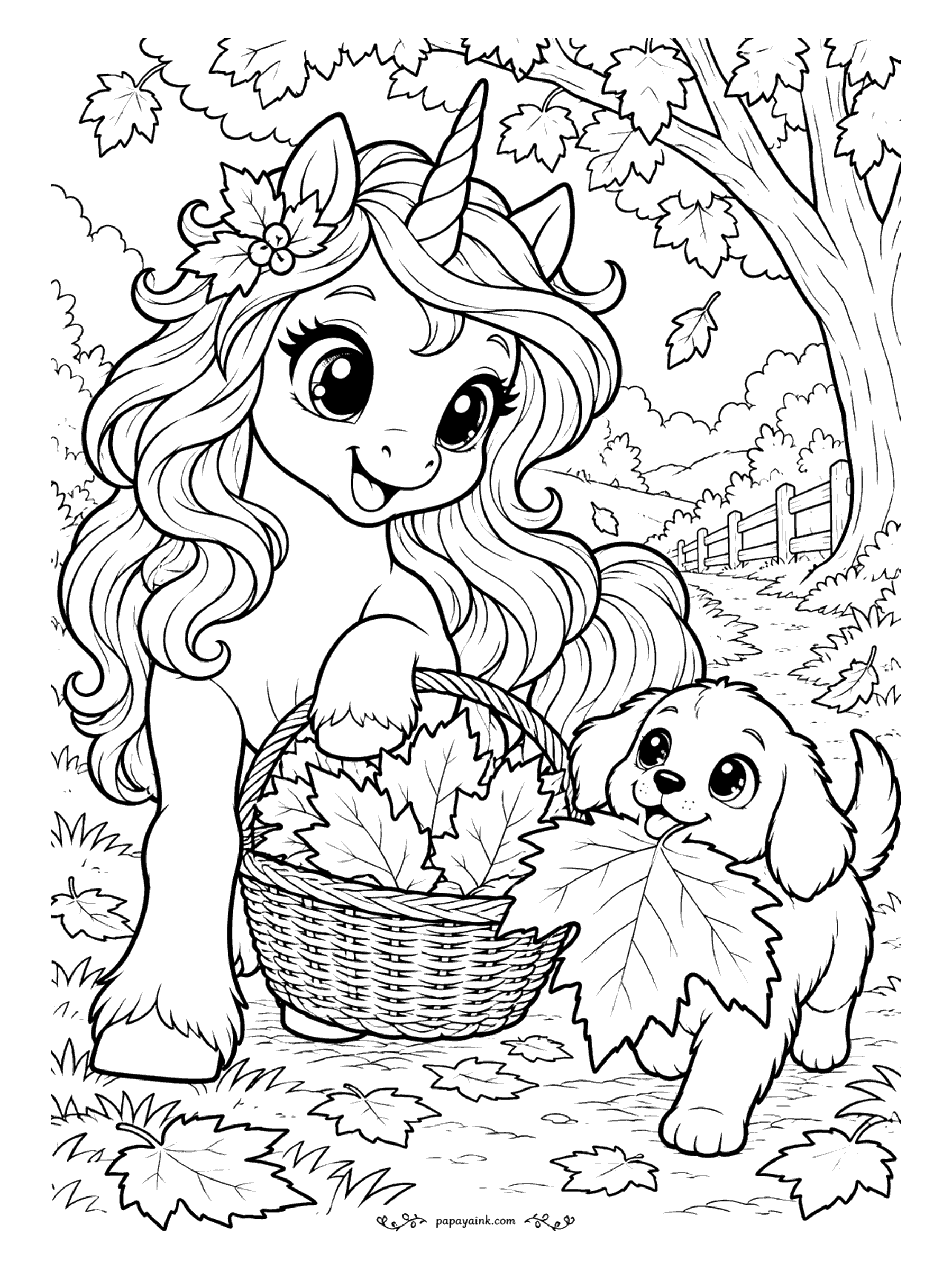 Kawaii Unicorn Coloring Pages - Autumn unicorn with a leafy sprig in her mane carrying a wicker basket of maple leaves as a puppy trots up with the biggest leaf of all in its mouth.