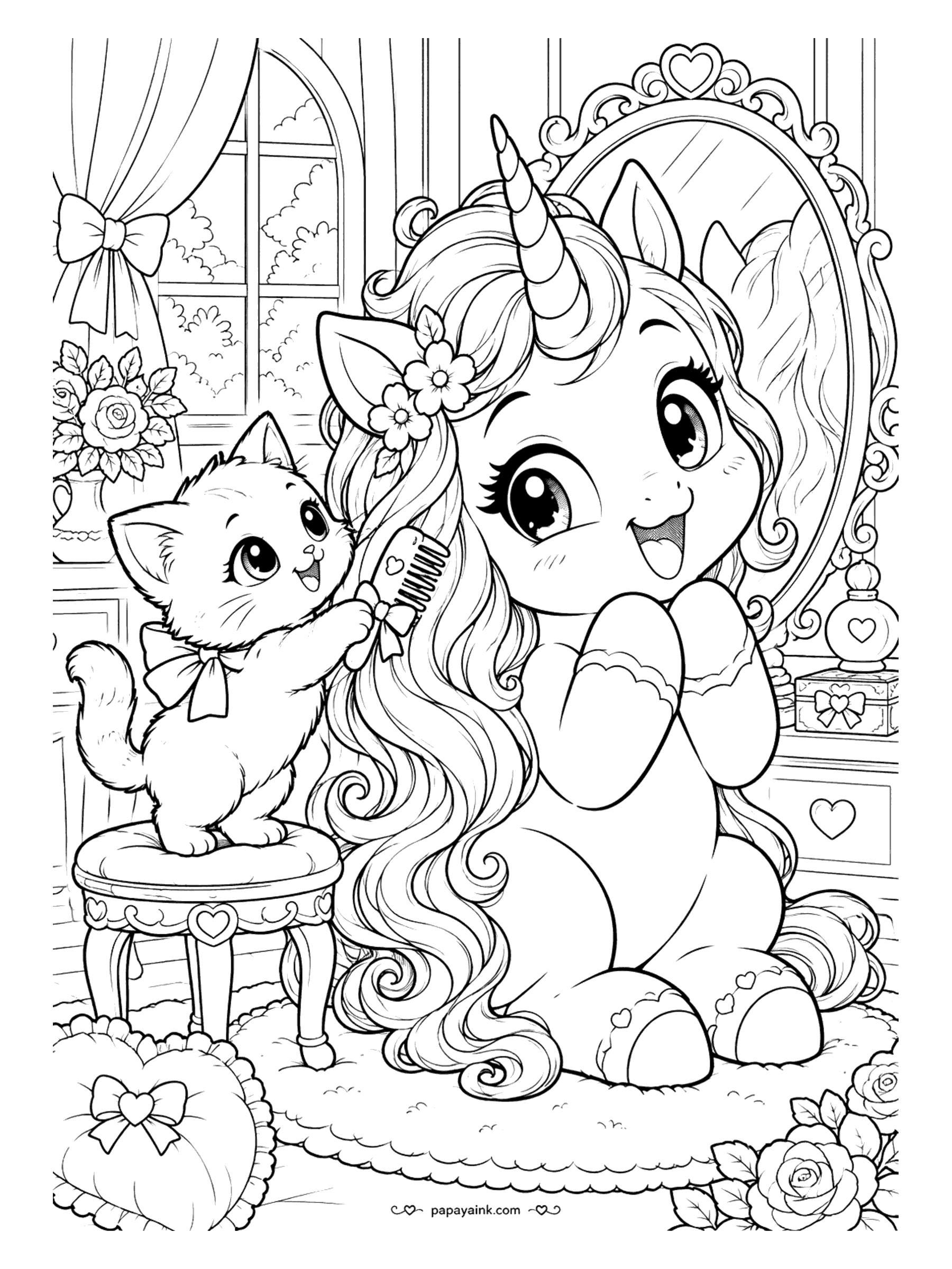 Kawaii Unicorn Coloring Pages - Delighted unicorn at an ornate vanity mirror as a kitten on a velvet stool combs her long, flowing mane, with roses, a perfume bottle and a heart cushion close by. Detailed.