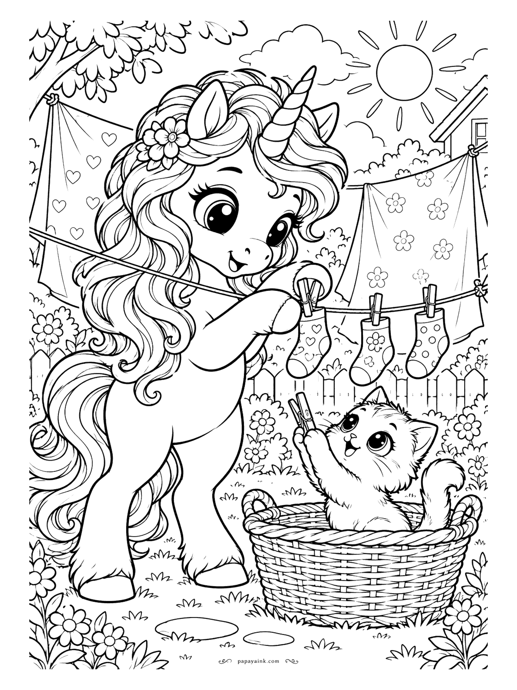 Kawaii Unicorn Coloring Pages - Sunny-day unicorn pinning patterned socks on a clothesline while a kitten in the laundry basket hands up clothespins. Detailed.