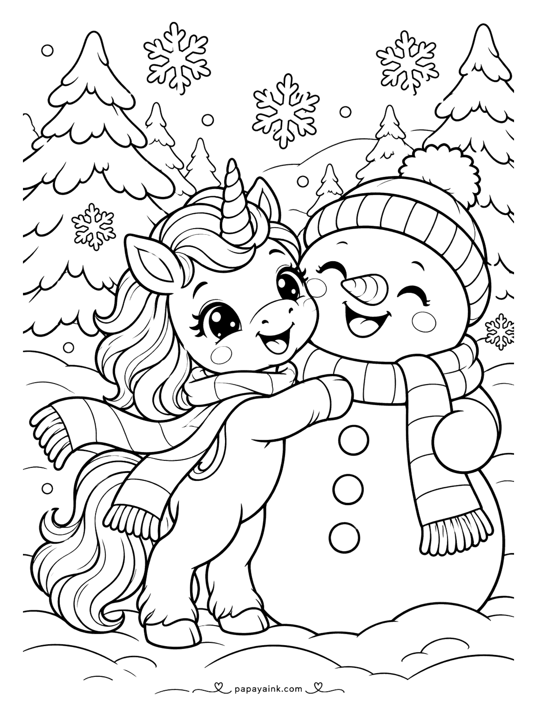 Kawaii Unicorn Coloring Pages - Winter unicorn in a striped scarf hugging a cheerful snowman in a knit hat, among snowy pines and oversized snowflakes.