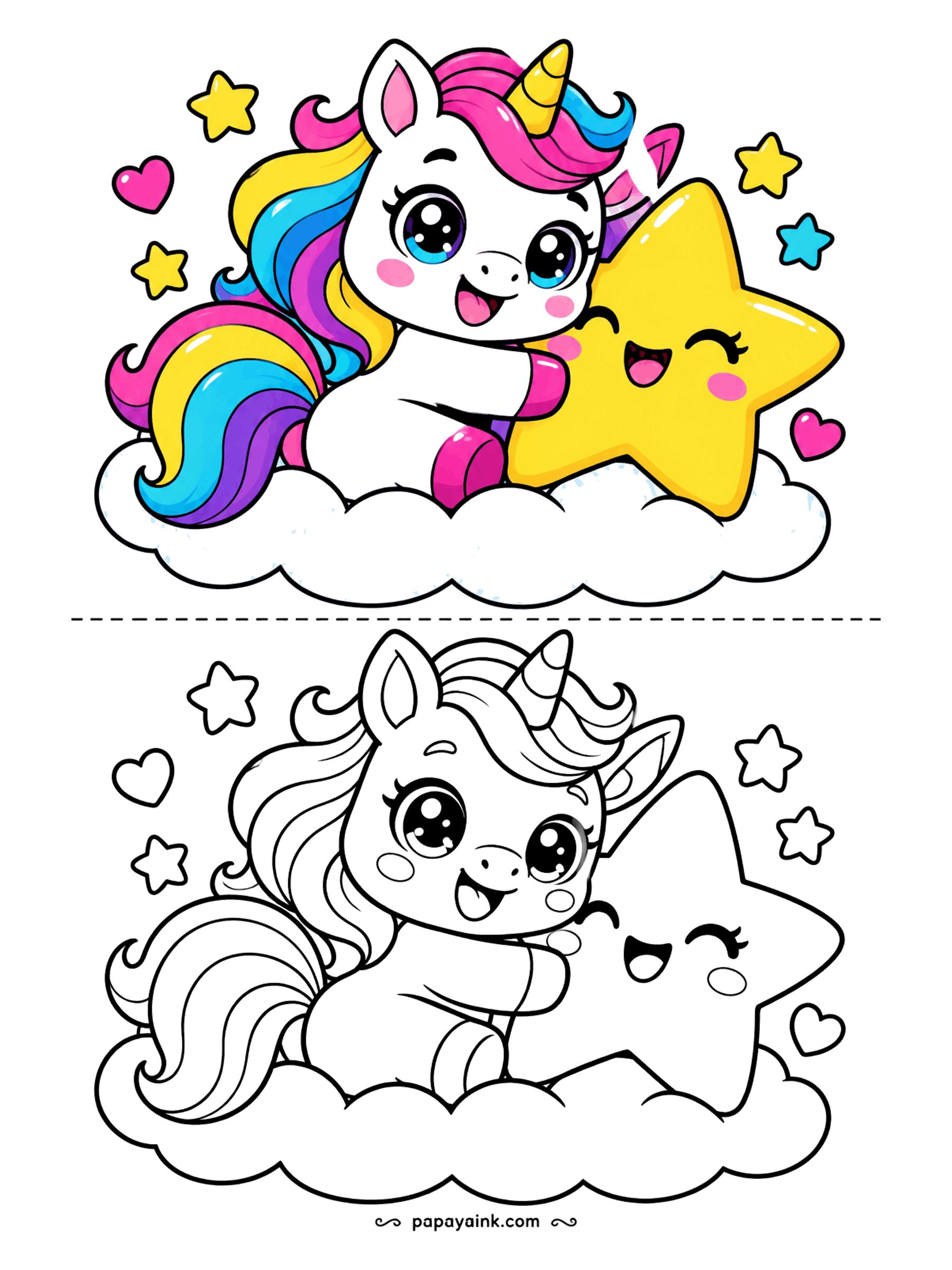 Cute Kawaii Coloring Pages - Snuggled on a cloud, a rainbow-maned unicorn squeezes a smiling star tight, with simple outlines made for a quick, relaxing session.