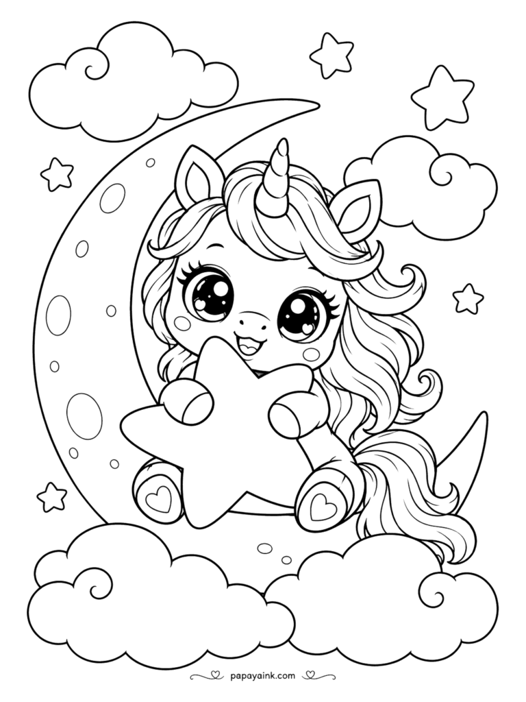 Kawaii Unicorn Coloring Pages - Kawaii unicorn cuddling a plush star on a crescent moon above fluffy clouds - big, open shapes made for soft night-sky blending.