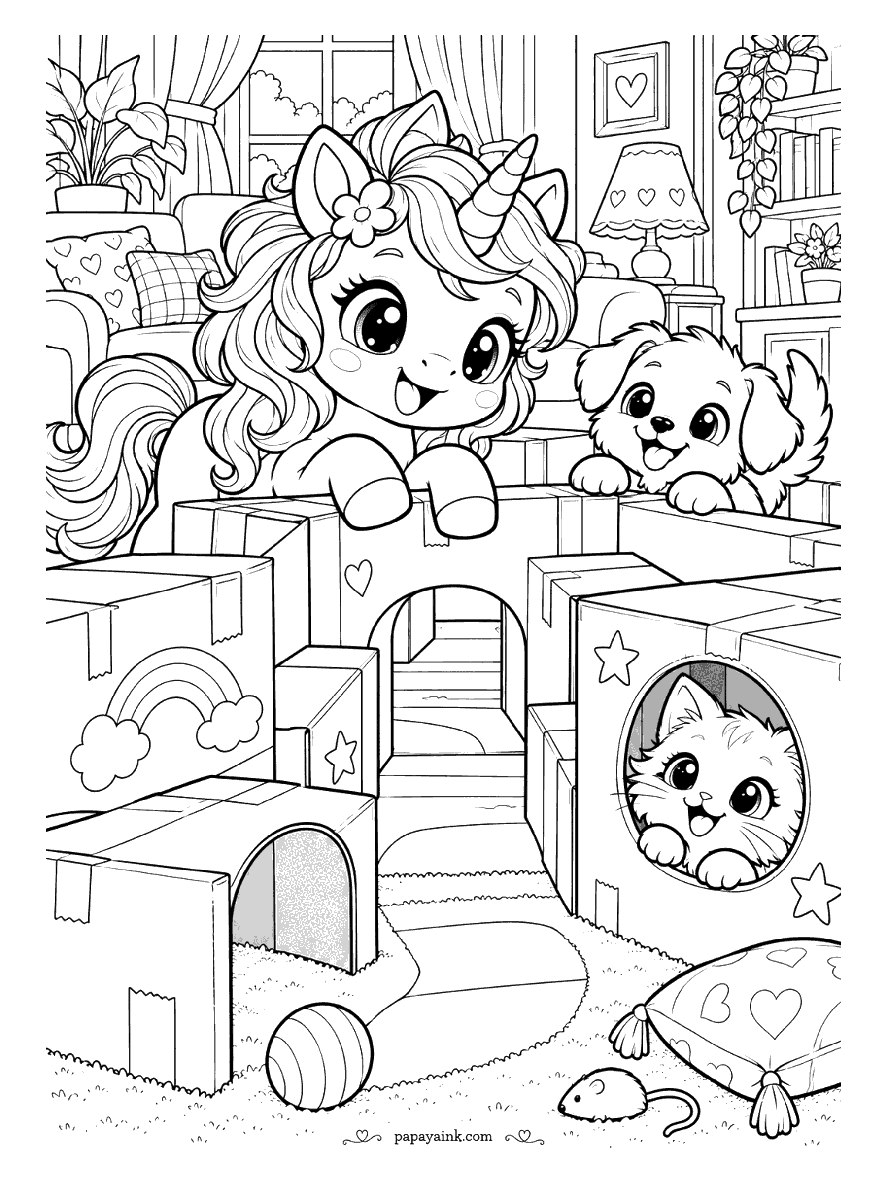 Kawaii Unicorn Coloring Pages - Unicorn and a puppy peeking over a cardboard box fort decorated with rainbows and stars as a kitten pops out of a round window, in a cozy living room.
