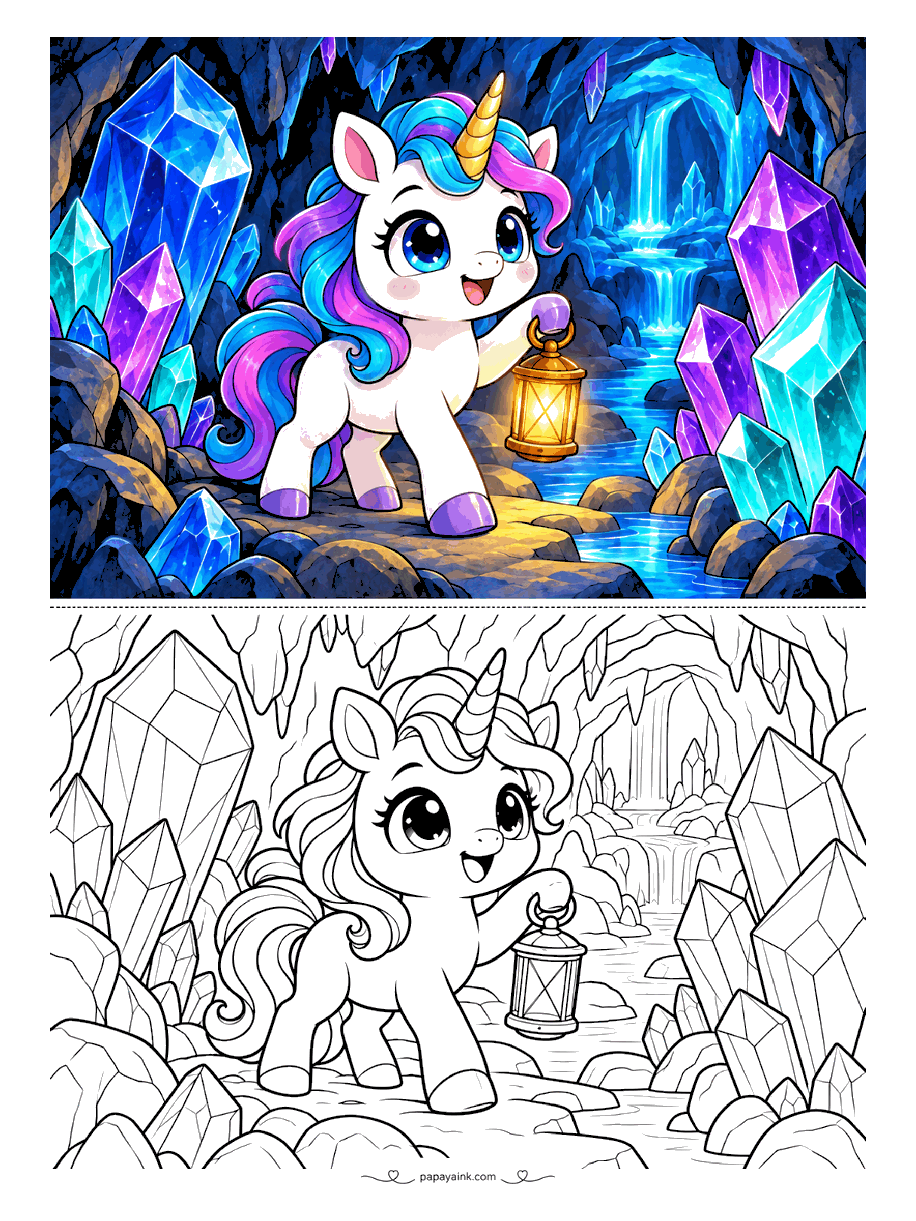 Kawaii Unicorn Coloring Pages - Brave little unicorn holding a glowing lantern in a crystal cave with towering gems and an underground waterfall - jewel-tone blues and purples make it shine. Detailed.