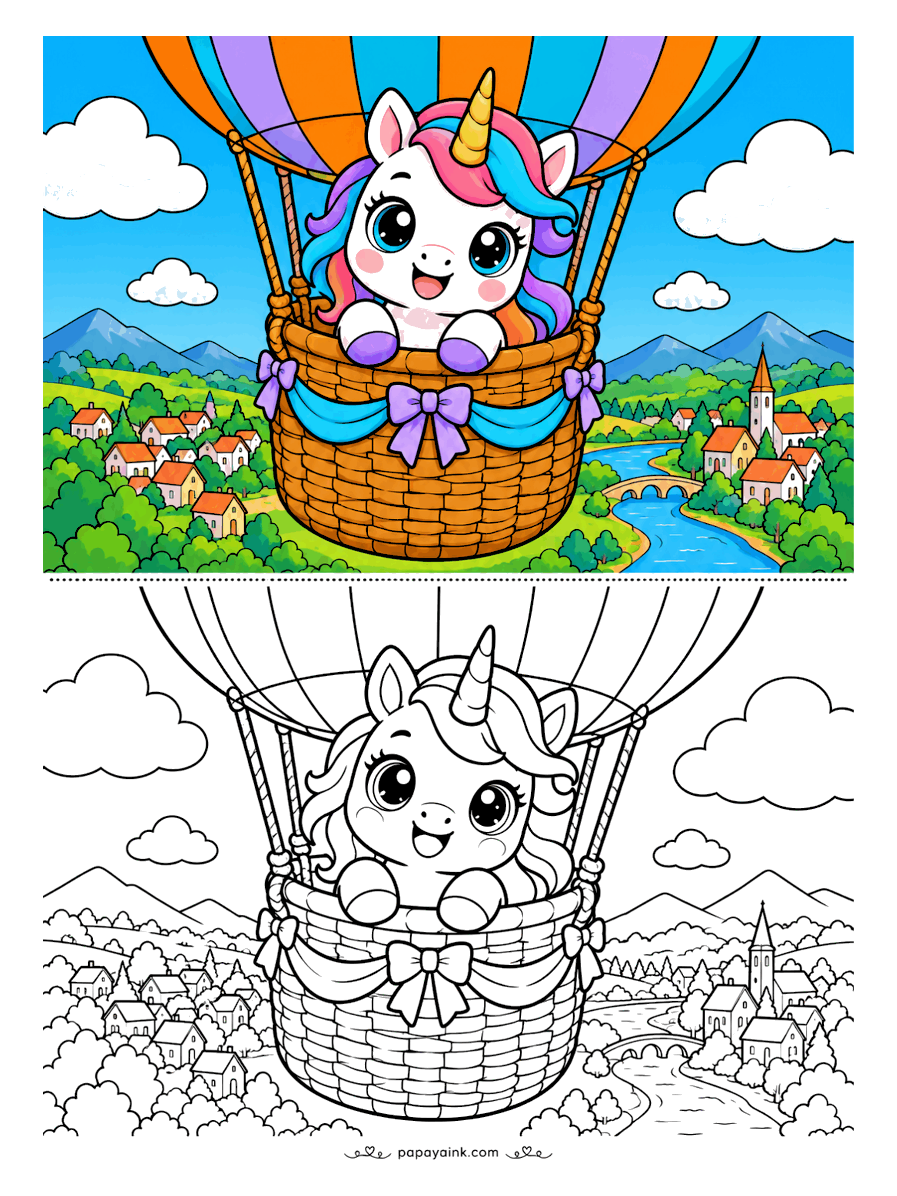Kawaii Unicorn Coloring Pages - Unicorn peeking over the rim of a ribbon-trimmed hot air balloon basket above a village with red roofs, a winding river, a stone bridge and distant mountains. Detailed.