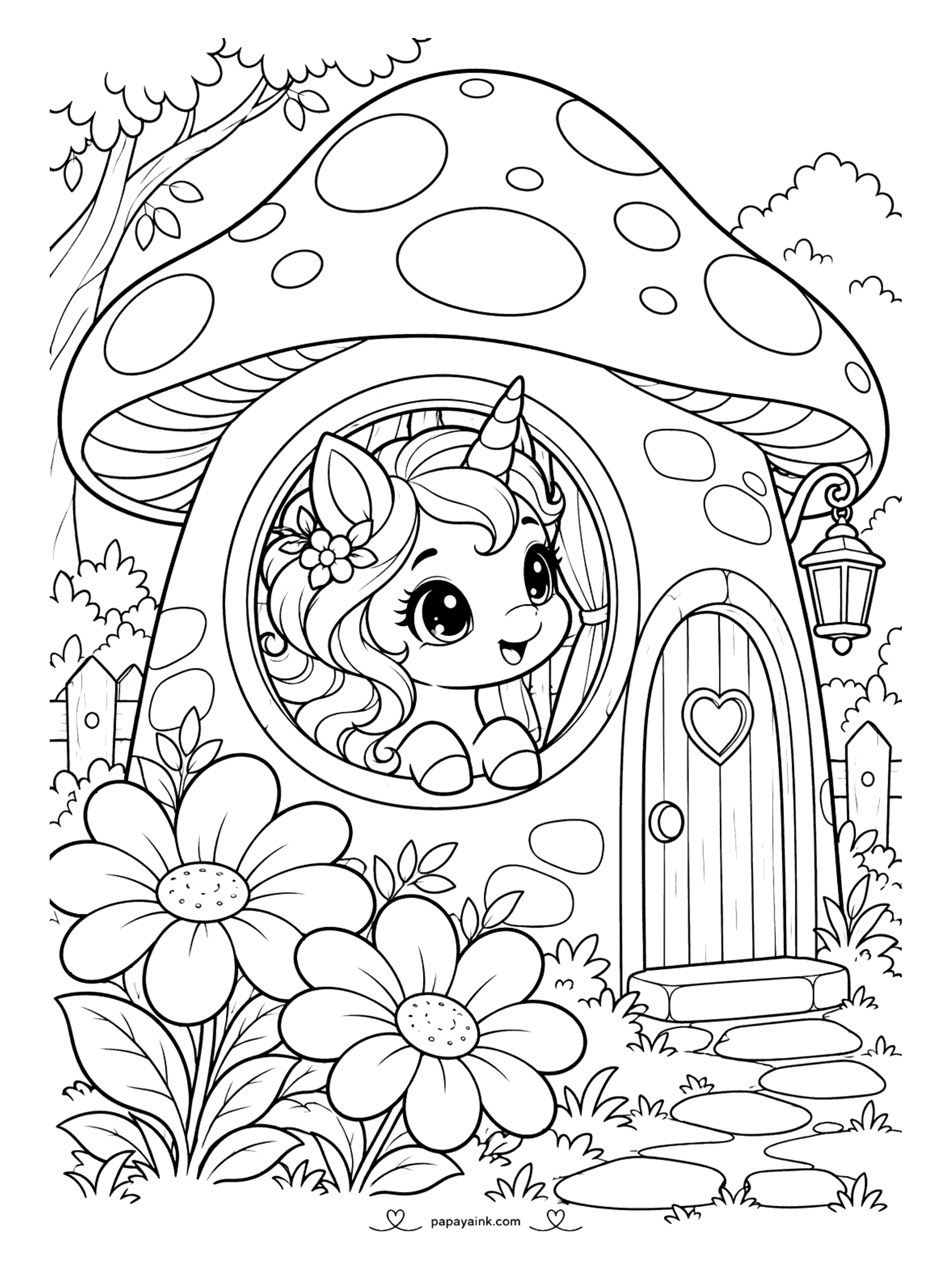 Kawaii Unicorn Coloring Pages - Fairy-garden unicorn peeking from the round window of a spotted mushroom cottage with a heart door, lantern and stepping stones. Detailed.