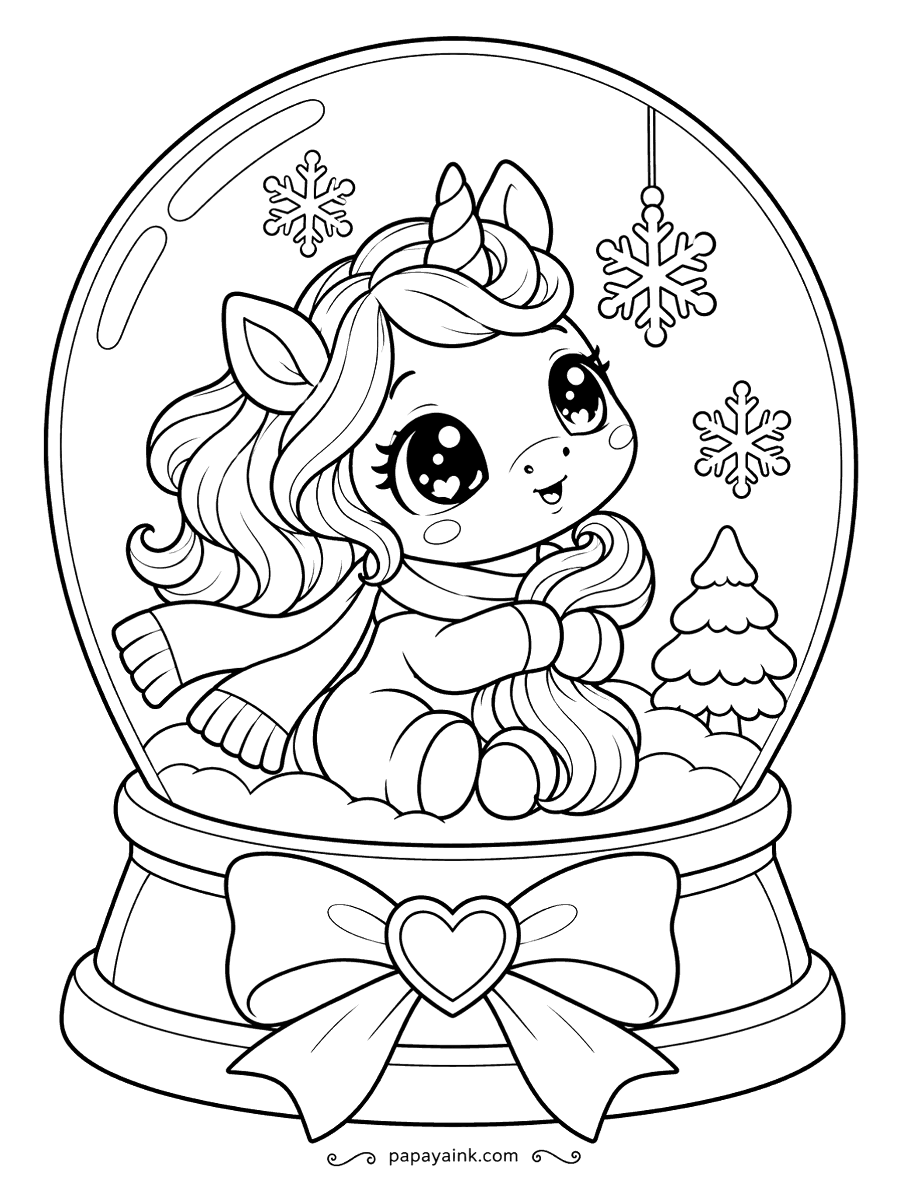 Kawaii Unicorn Coloring Pages - Shake gently: a unicorn in a scarf sits inside a snow globe with a little fir tree and falling snowflakes, a heart bow on the base. Leave the glass dome clear and put your color into the scarf, the base and the ribbon. Detailed.