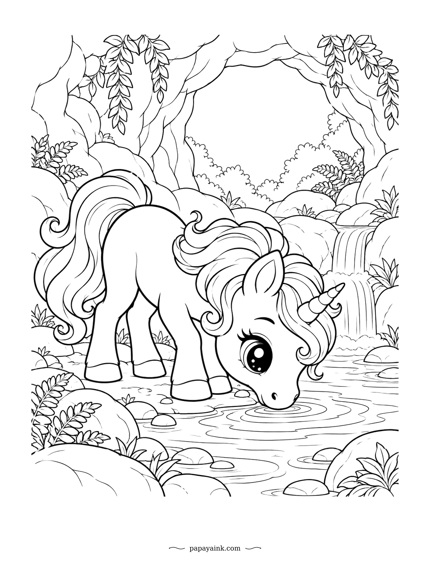 Kawaii Unicorn Coloring Pages - A small waterfall tumbles into a rocky pool, and the youngster lowers its head for a cool drink. Ripples spread from its muzzle. Detailed - ferns, boulders and a cave-like arch of trees.