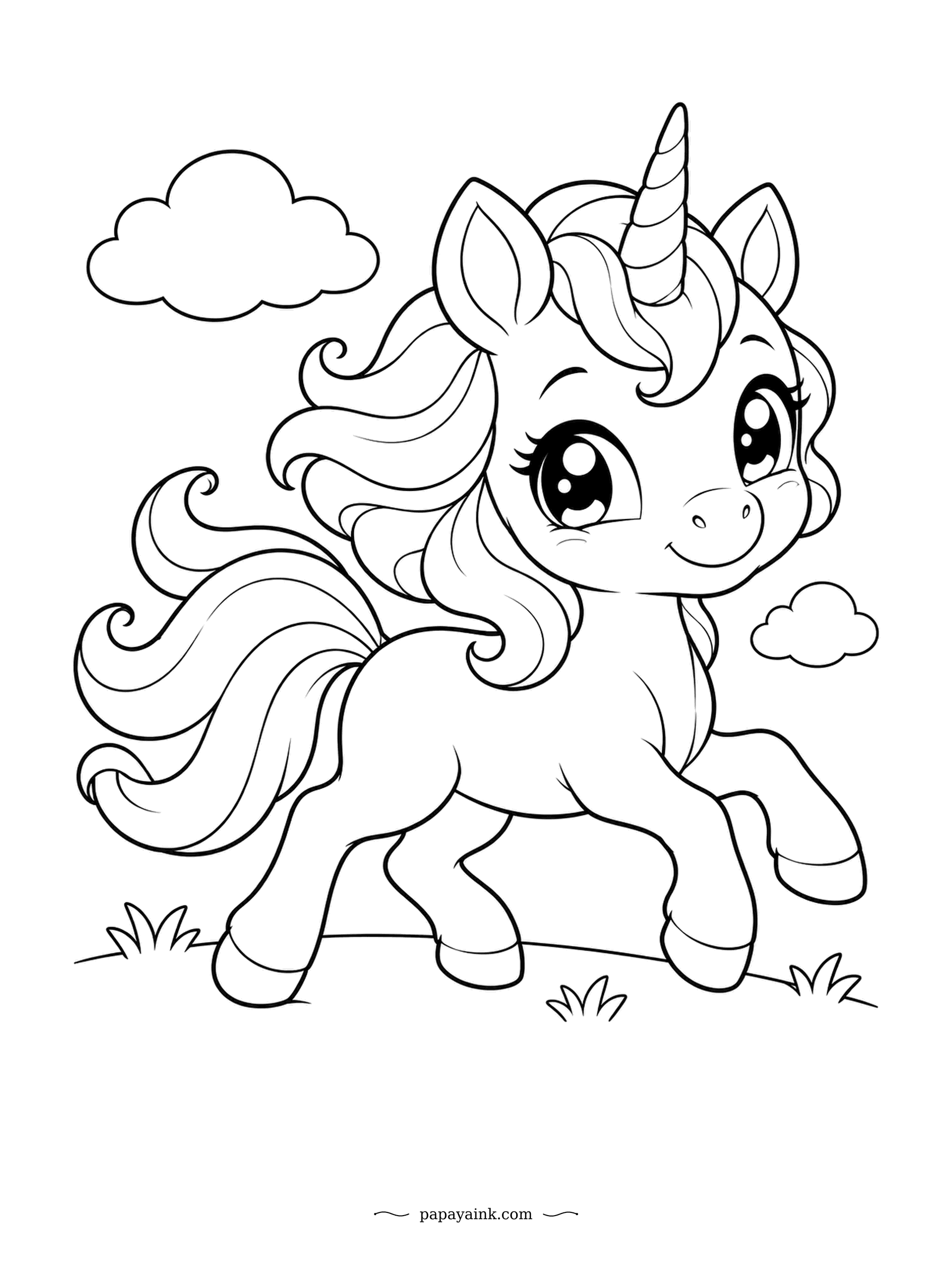 Kawaii Unicorn Coloring Pages - Front hooves lifted high, the foal bounds across the meadow under two puffy clouds. Pure joy and almost no background. Bold, easy shapes made for markers.