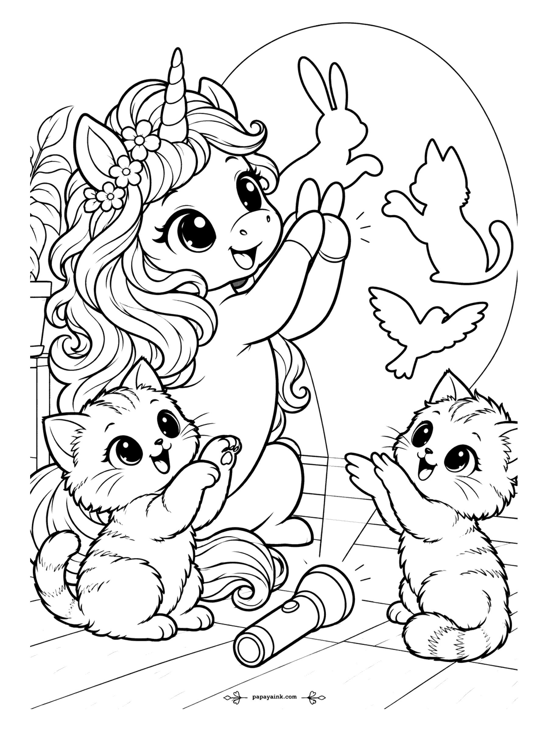 Kawaii Unicorn Coloring Pages - Unicorn making shadow puppets - a bunny, a cat and a bird - in the beam of a flashlight on the floor, while two kittens reach up to catch them.
