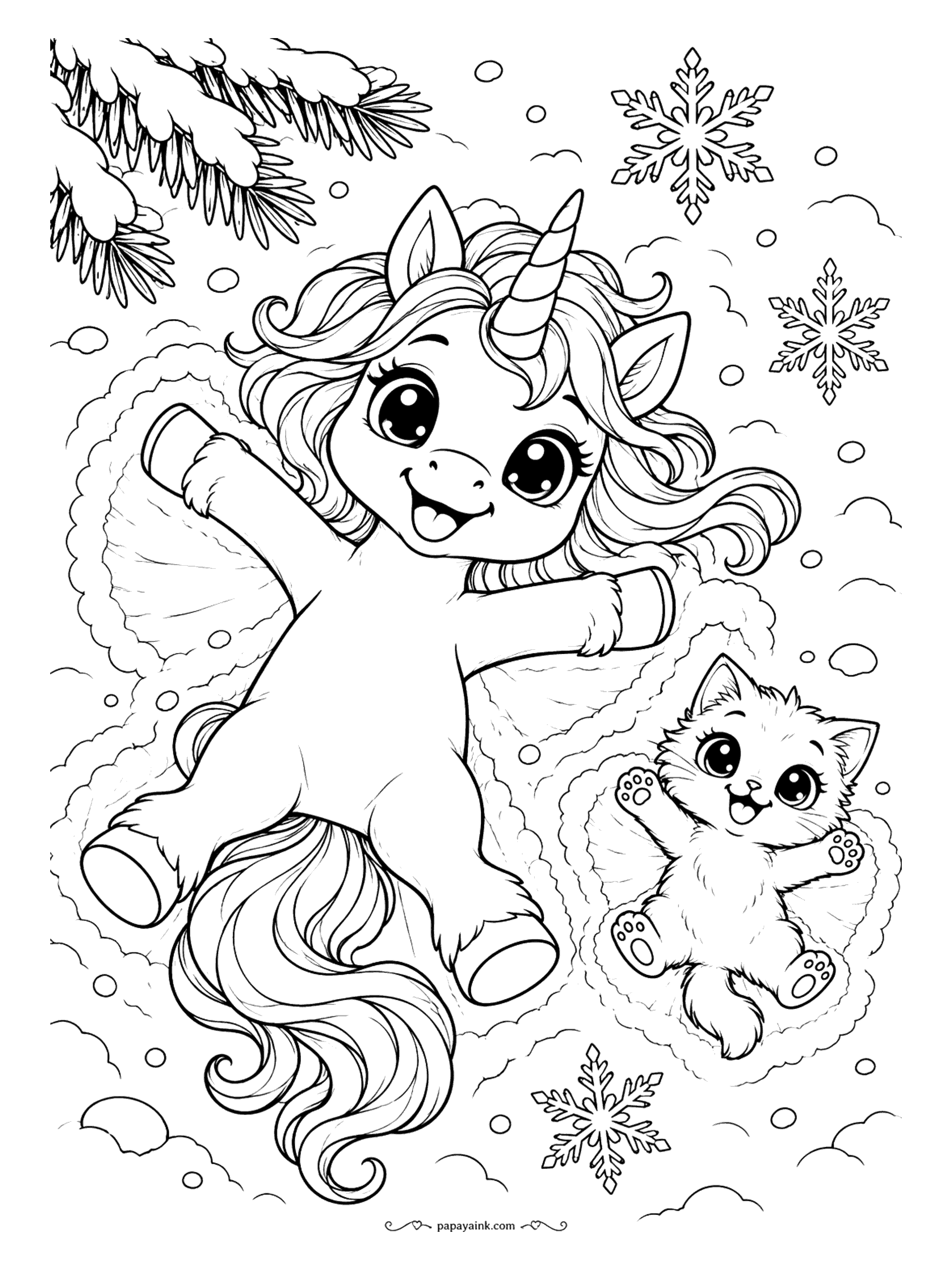 Kawaii Unicorn Coloring Pages - Winter unicorn and a kitten making snow angels side by side under a snowy pine branch, with big snowflakes drifting down.