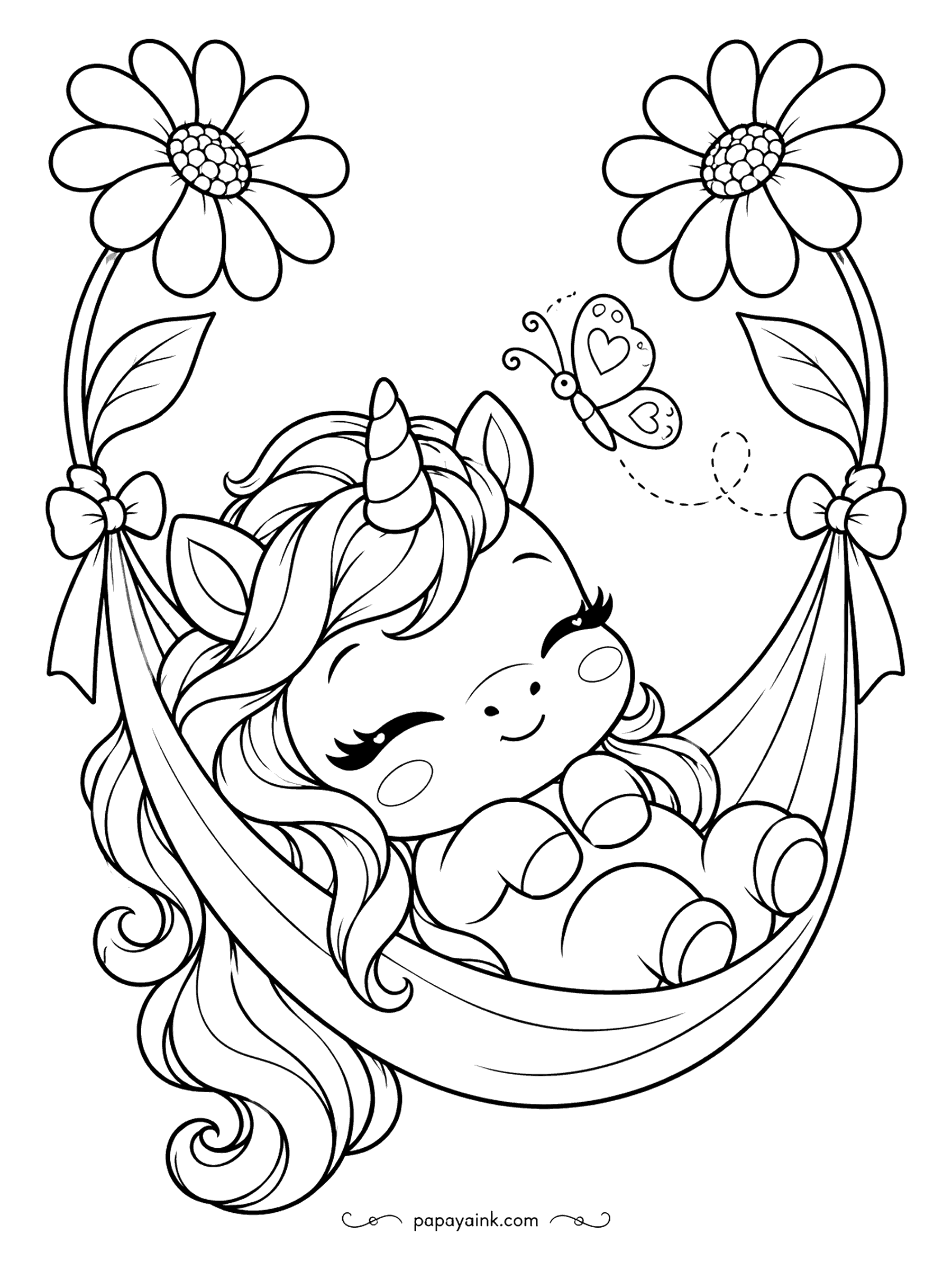Kawaii Unicorn Coloring Pages - Strung between two daisies, a petal hammock rocks a napping unicorn while a butterfly checks on her. Eyes closed, one ear flopped: full relaxation. Bright yellow daisy centers and a soft green hammock set the summer mood.