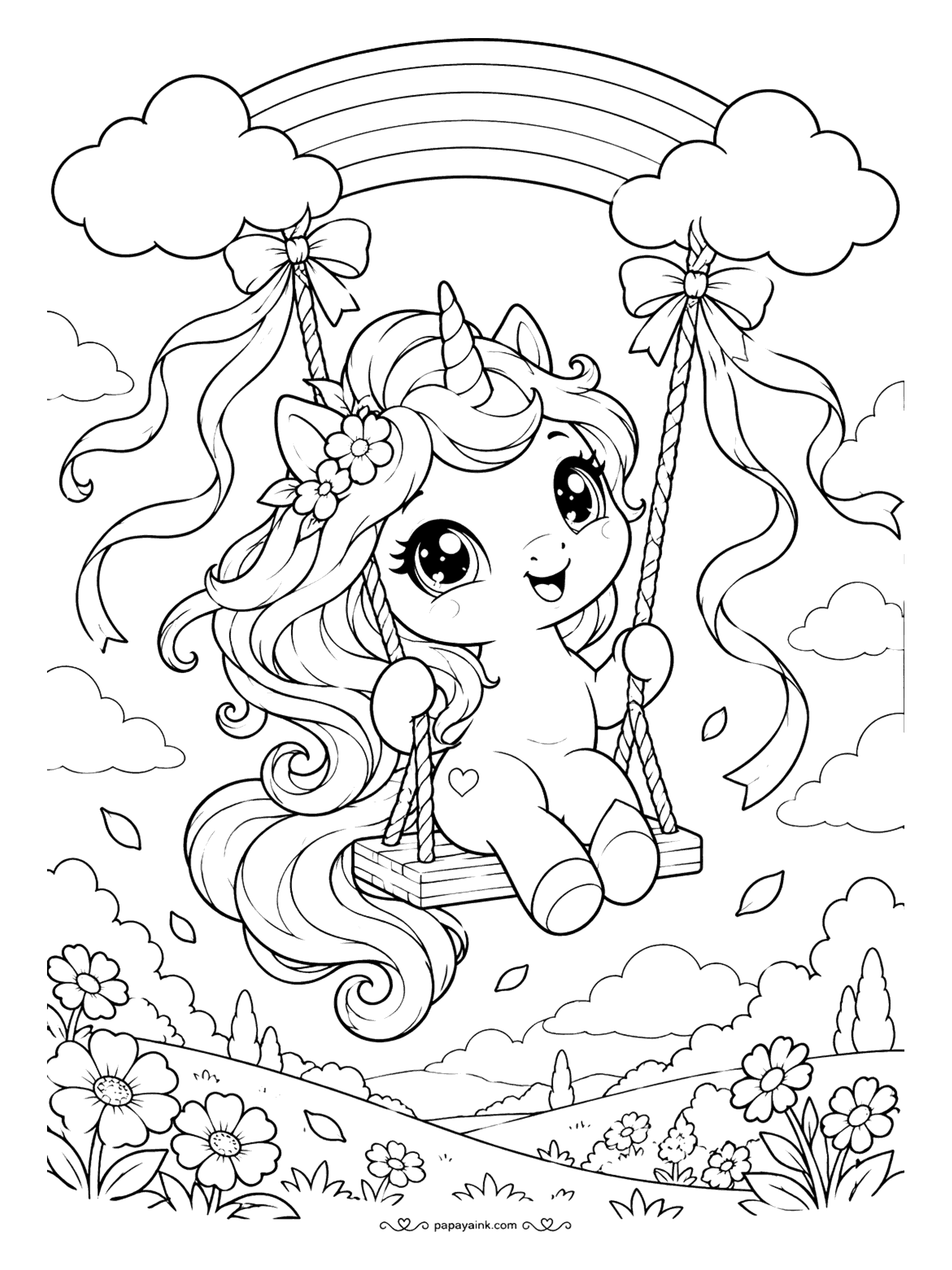 Kawaii Unicorn Coloring Pages - Cute unicorn on a rope swing tied to two clouds beneath a rainbow, ribbons streaming over a flower meadow.