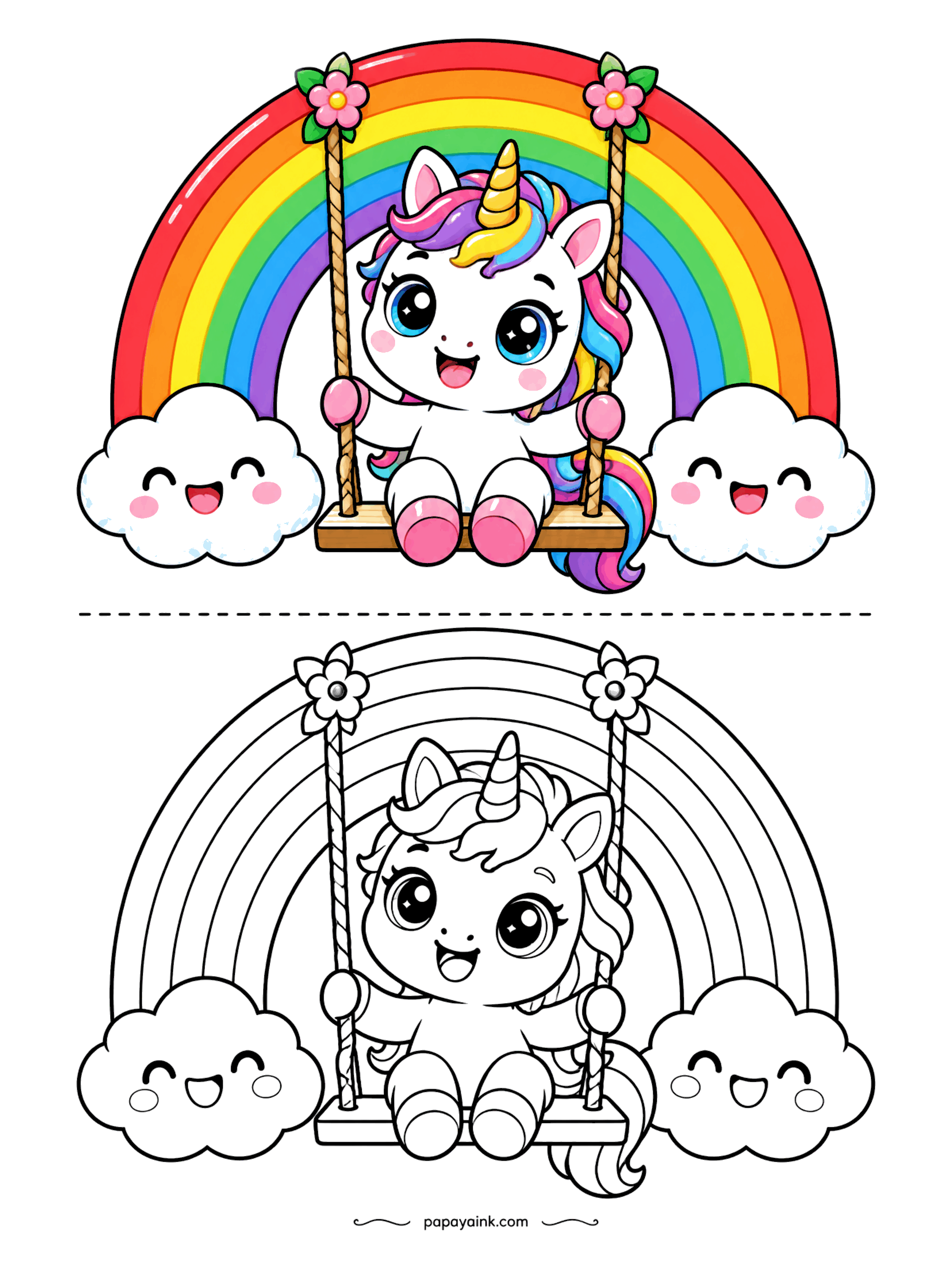 Cute Kawaii Coloring Pages - Rainbow bands arch above a chubby-cheeked unicorn on a rope swing, with two giggling clouds anchoring either end.