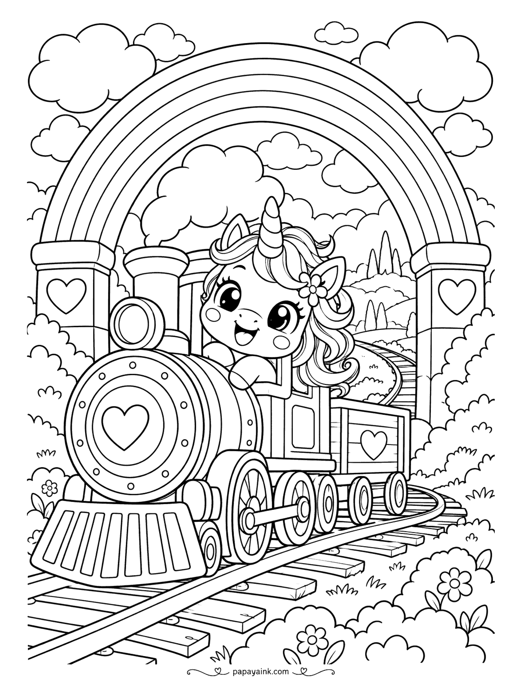 Kawaii Unicorn Coloring Pages - Cheerful unicorn driving a heart-trimmed steam engine under a rainbow arch through flowery countryside. Detailed.