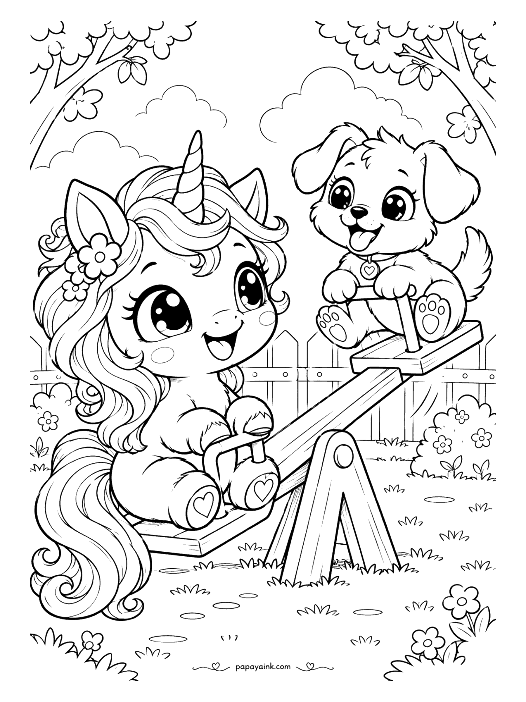 Kawaii Unicorn Coloring Pages - Giggling unicorn riding a wooden seesaw with a happy puppy in a backyard with a picket fence, flowers and shady trees.