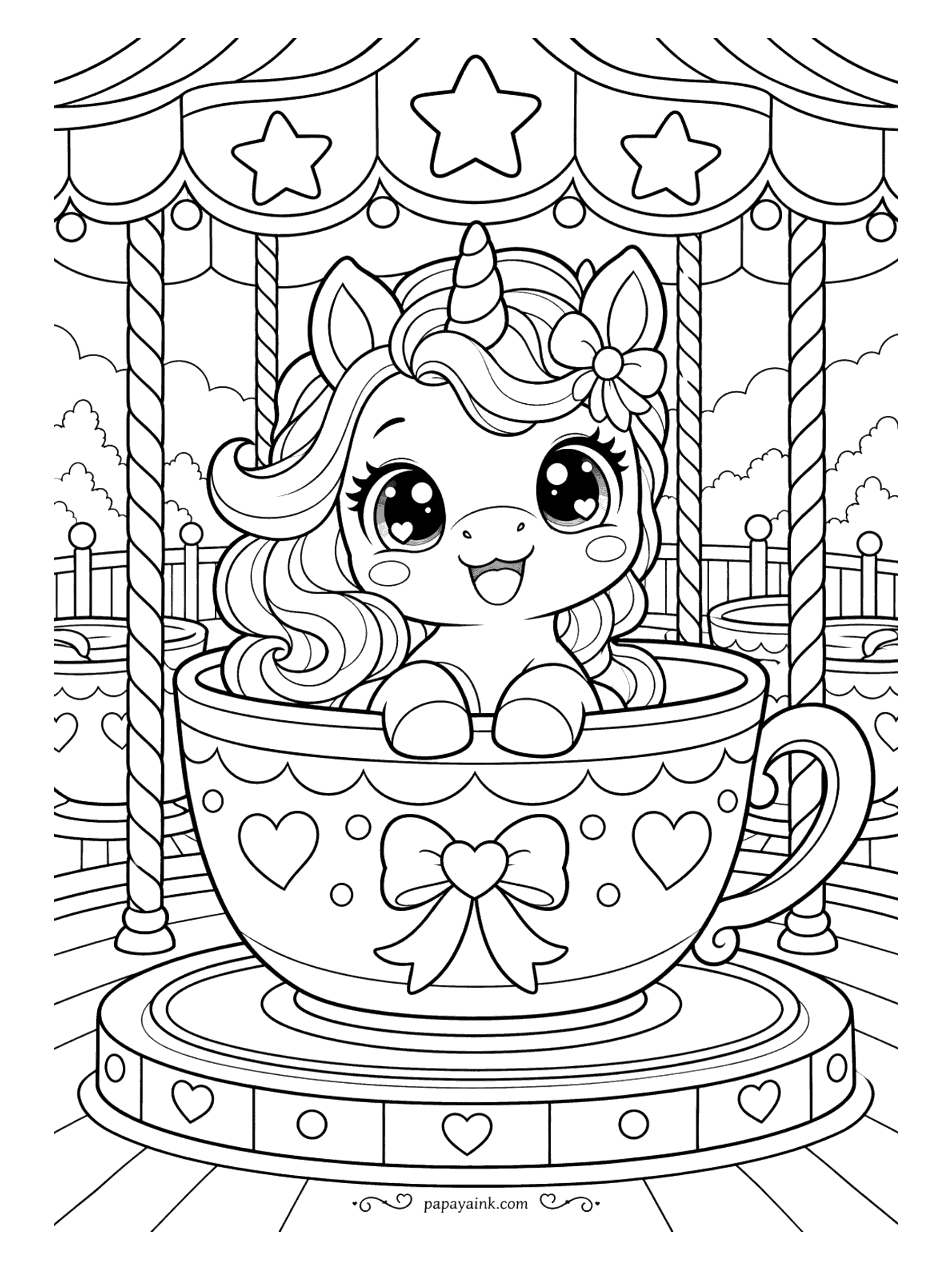 Kawaii Unicorn Coloring Pages - Happy unicorn twirling on a fairground teacup ride trimmed with hearts, a big bow and a star-dotted canopy - candy-stripe the poles for a real carnival feel.