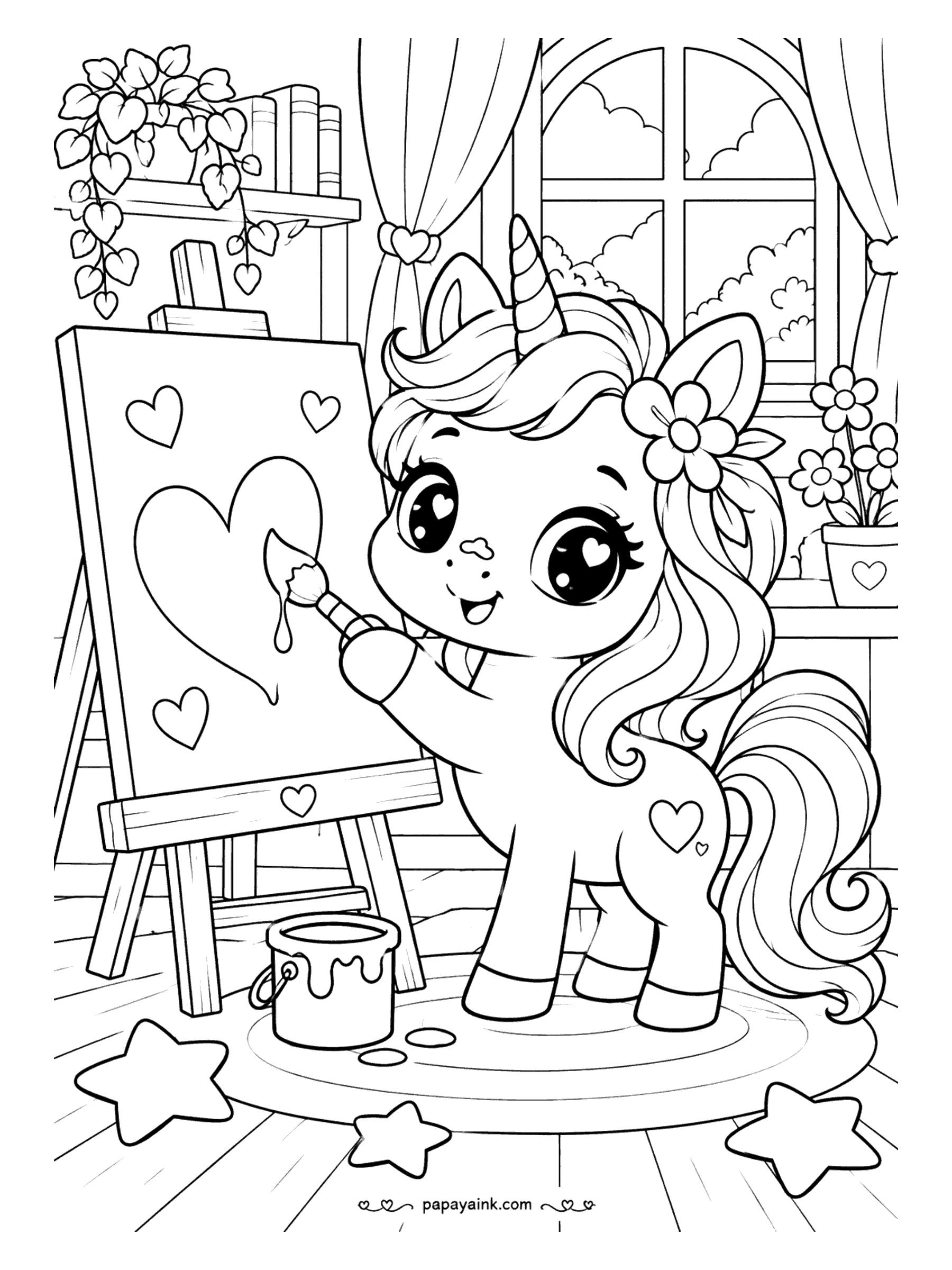 Kawaii Unicorn Coloring Pages - Little artist unicorn painting a big heart on an easel in a sunlit studio, with a dripping paint pot, trailing ivy and a round rug scattered with stars.