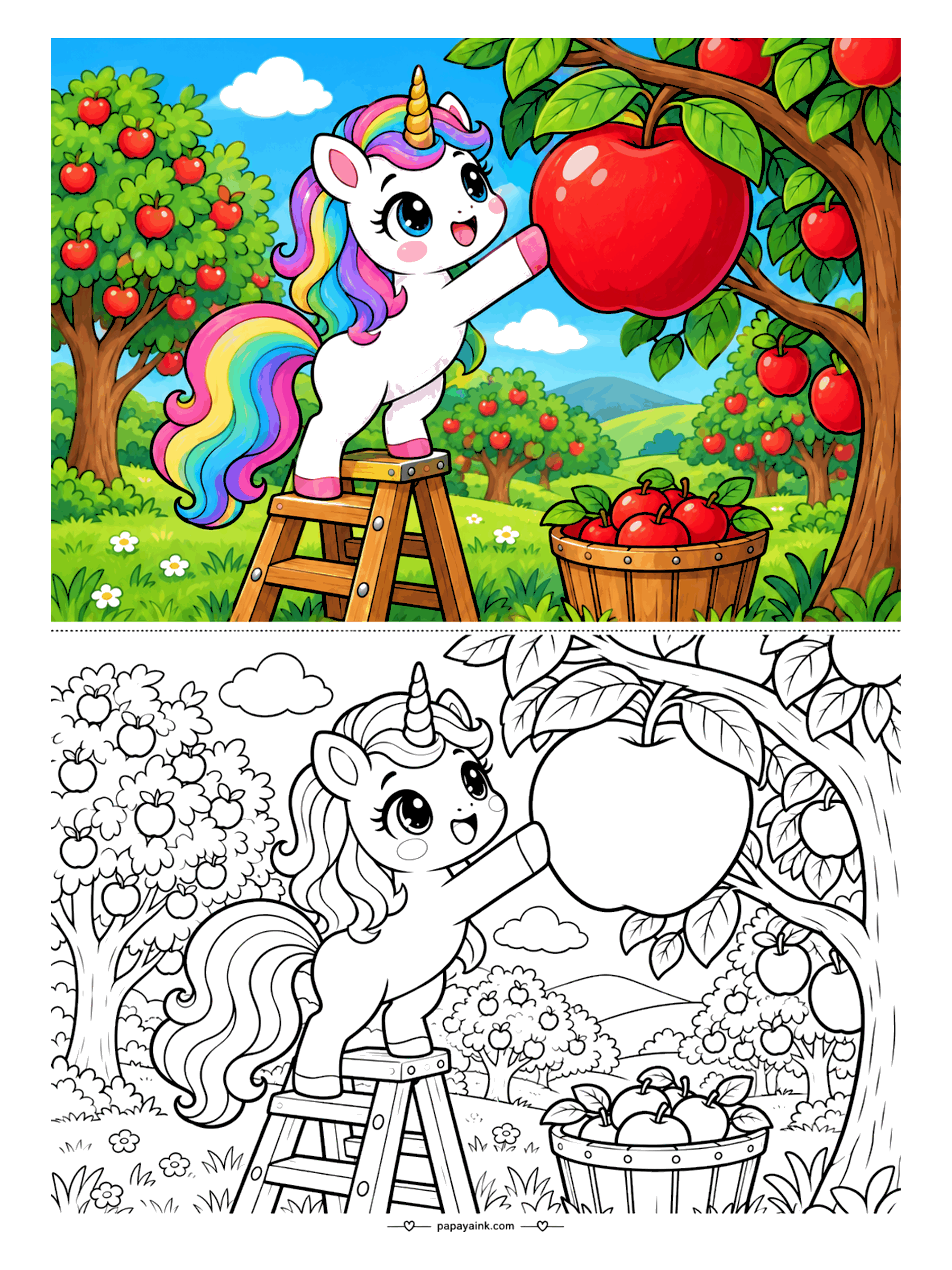 Kawaii Unicorn Coloring Pages - Unicorn on a wooden stepladder reaching for a giant red apple in a sunny orchard, a basket of fresh apples waiting below. Detailed.
